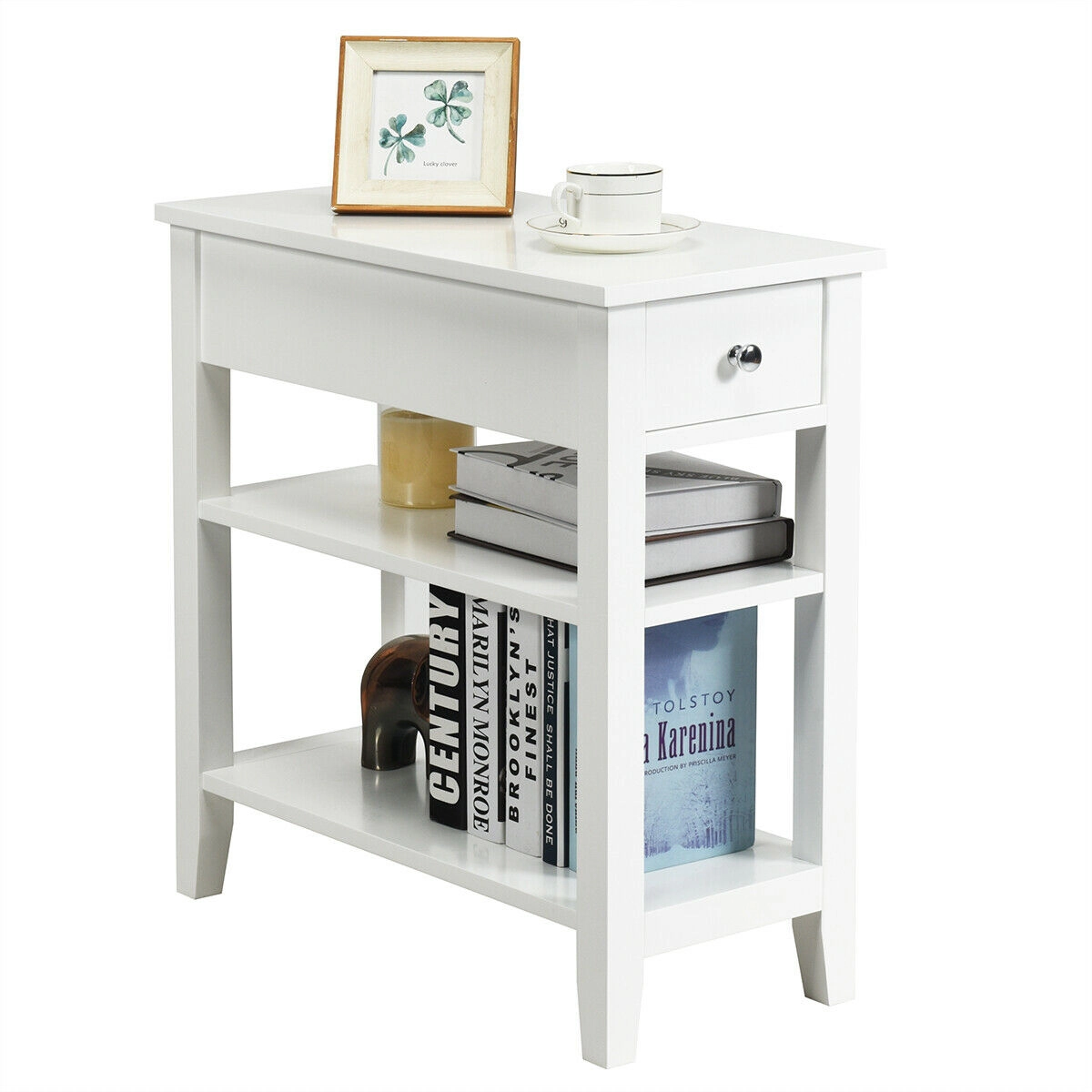 Slickblue White Side Table with Drawer and Open Shelves for Bedroom Living Room