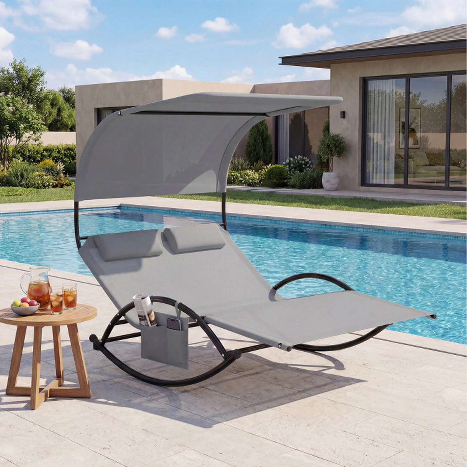 SUGIFT 2 Person Rocking Sunbed Gray Canopied Patio Lounger with Detachable Headrests