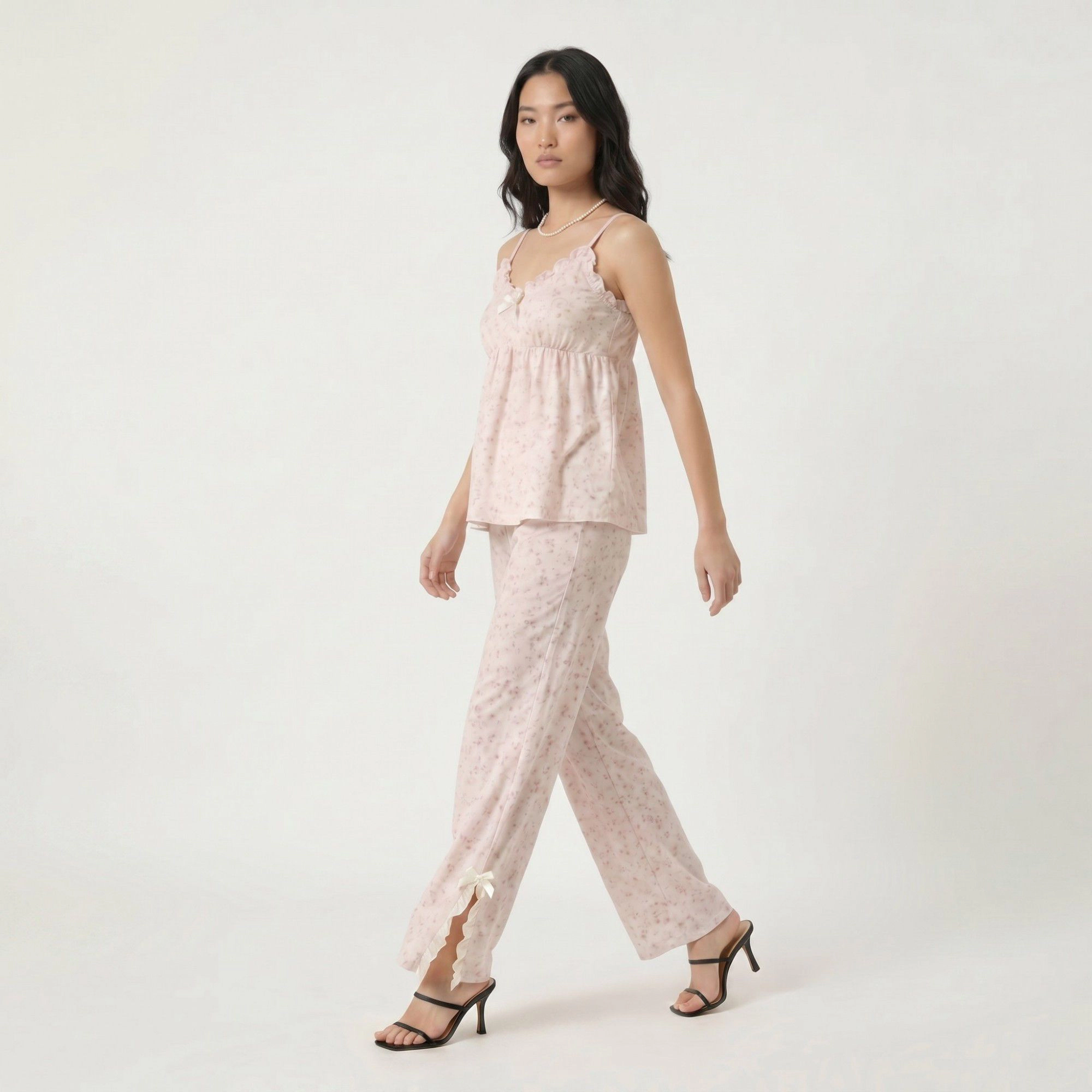 Anna-Kaci Women's 2-Piece Floral Ruffle Cami Top and Wide Leg Pants Sleepwear Lounge Set with Bow Detail Relaxed Fit