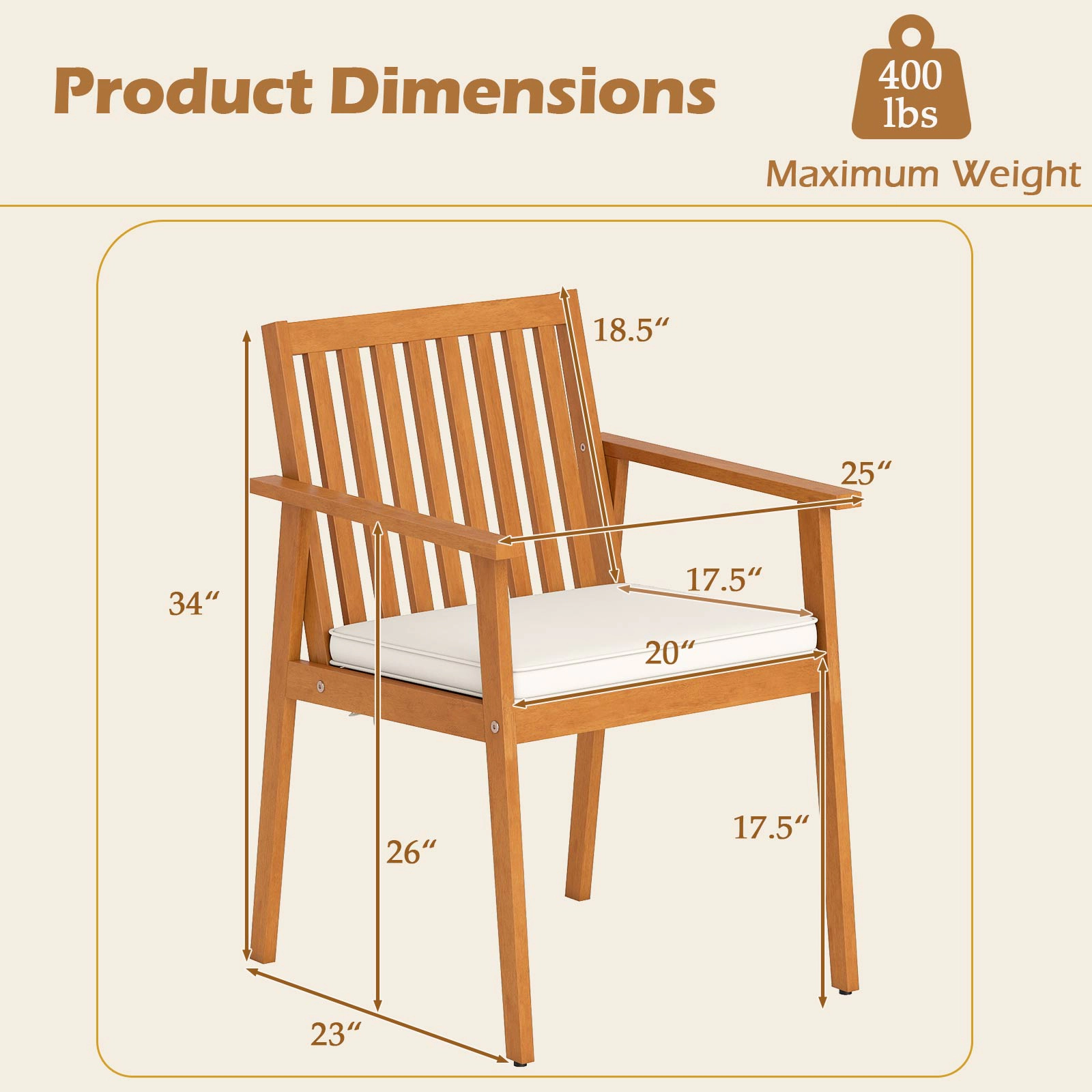 LJG 2 Pieces Patio Dining Chairs Outdoor Acacia Wood with Removable Padded Cushion
