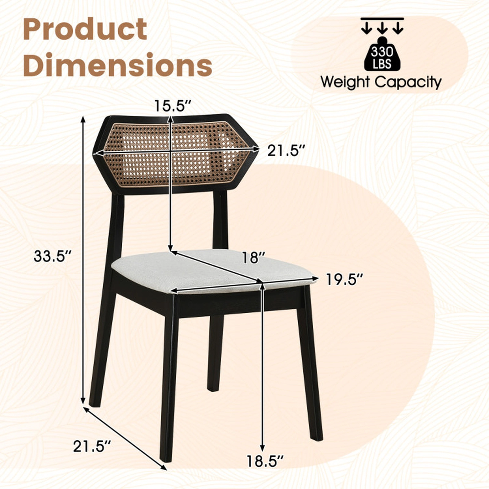 SUGIFT Black Mid Century Woven Rattan Back and Padded Fabric Seat Set of 4 Dining Chairs