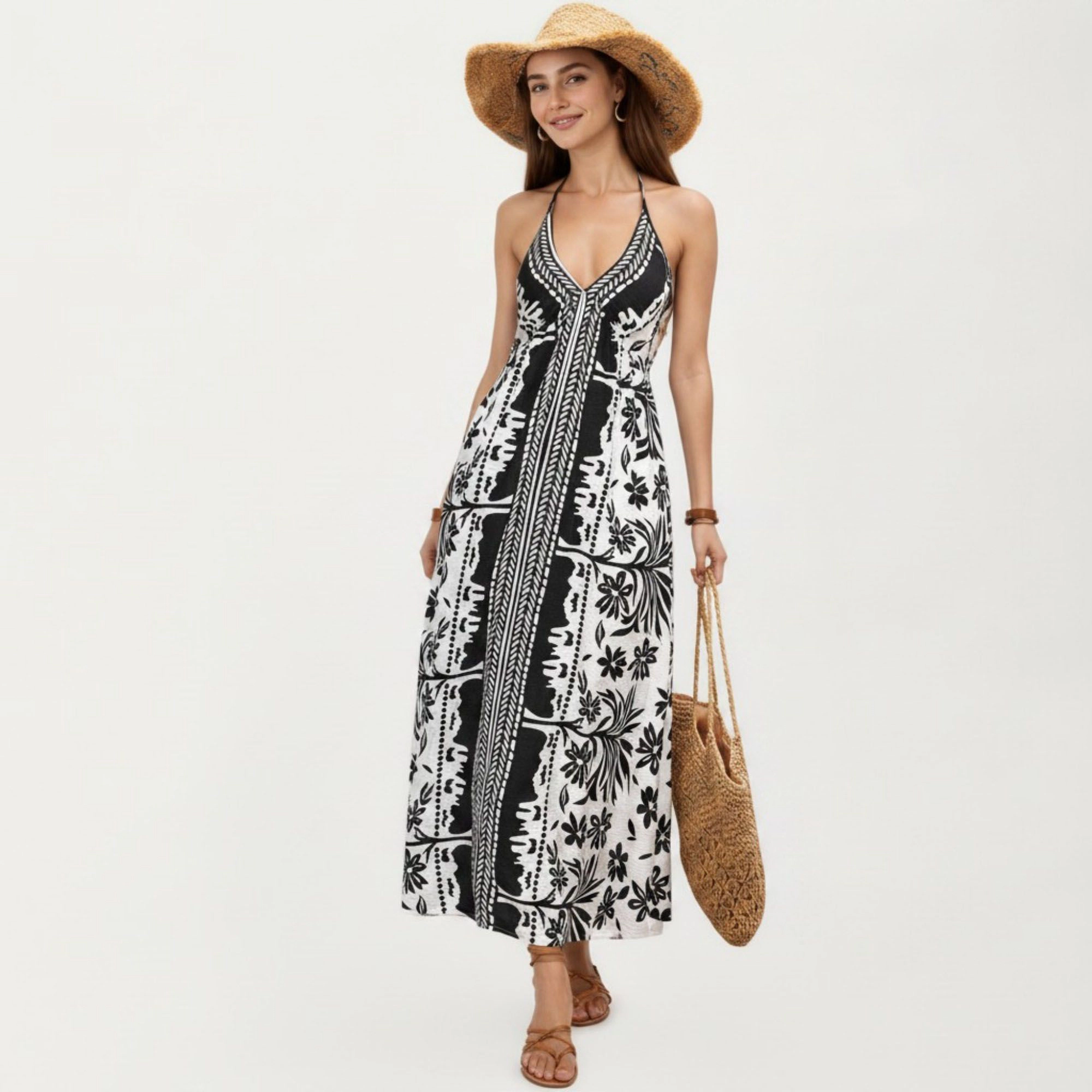 Anna-Kaci Women's Printed Halter Open Back Tie Maxi Dress