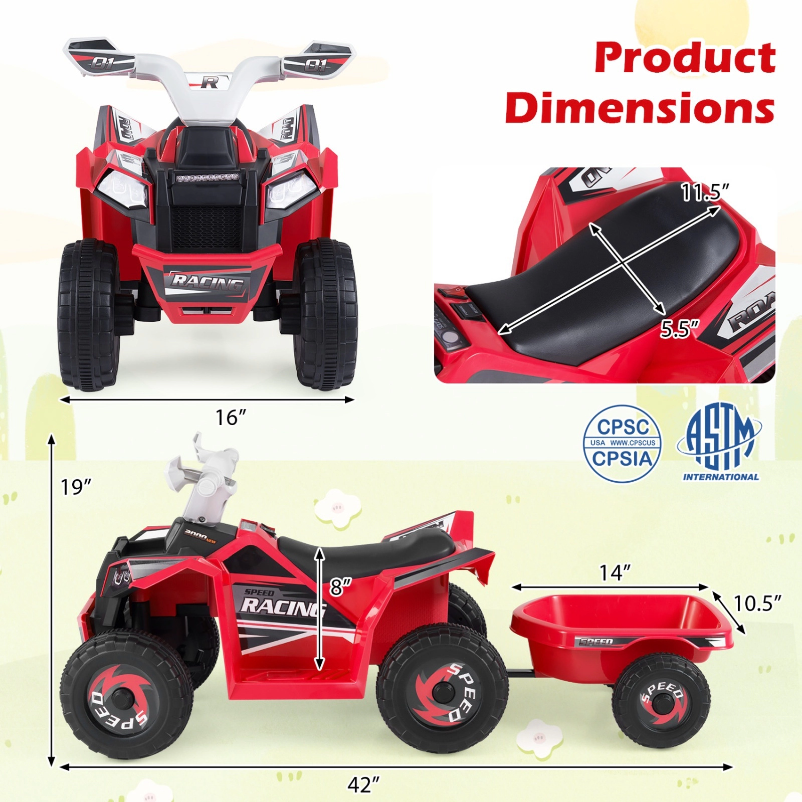 6V Kids ATV Quad Ride On Car with Detachable Trailer Forward/Reverse Switch and Multi-Terrain Wheels Ages 3+ Red