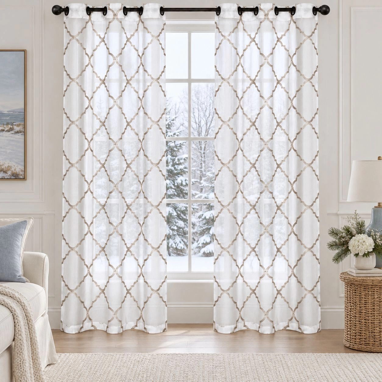 Kate Aurora Lux Home 2 Pack Shabby Trellis Semi Sheer Embroidered Clover Grommet Top Curtains