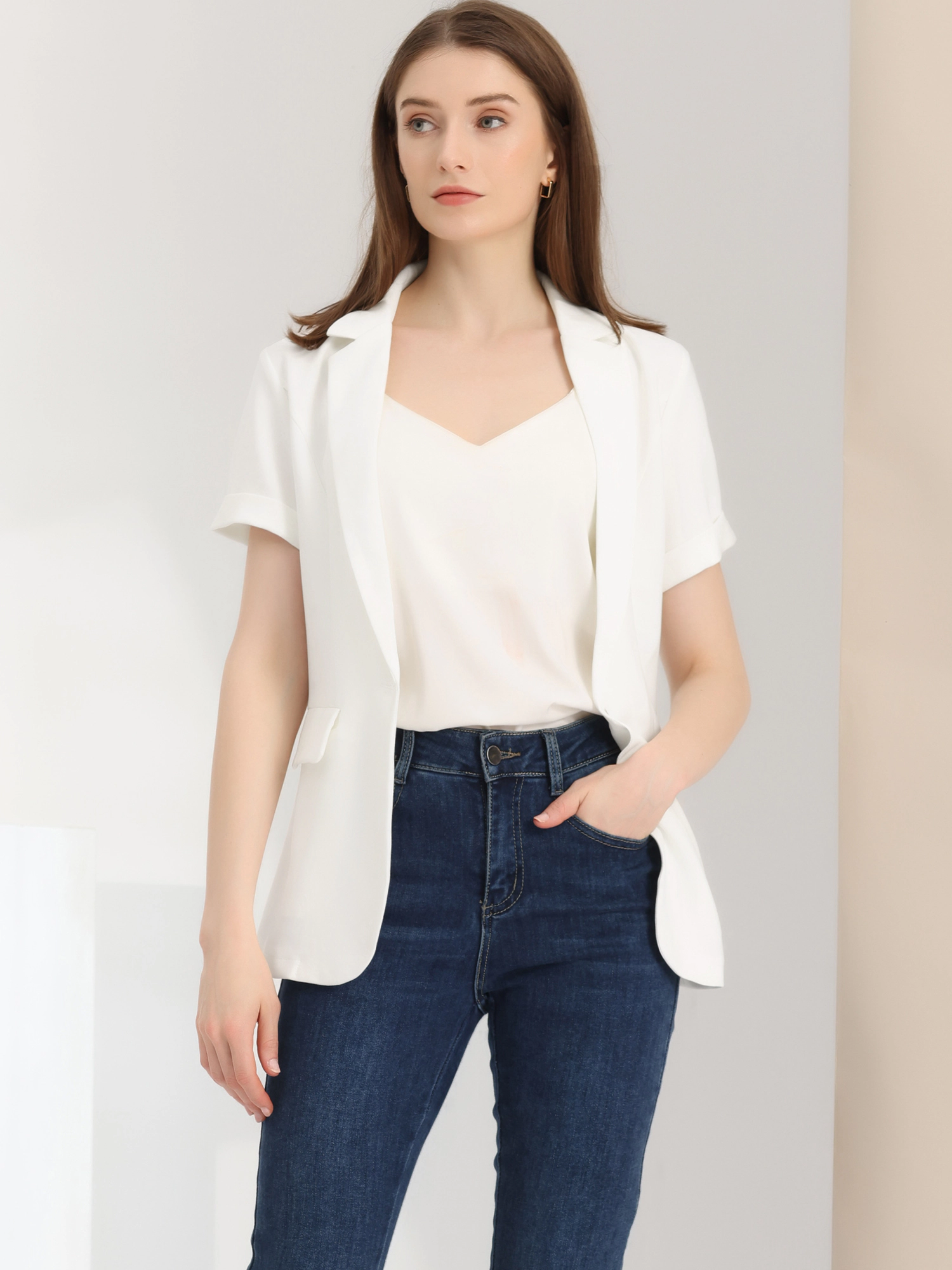 INSPIRE CHIC Women's Notch Lapel Collar One Button Formal Short Sleeve Blazer