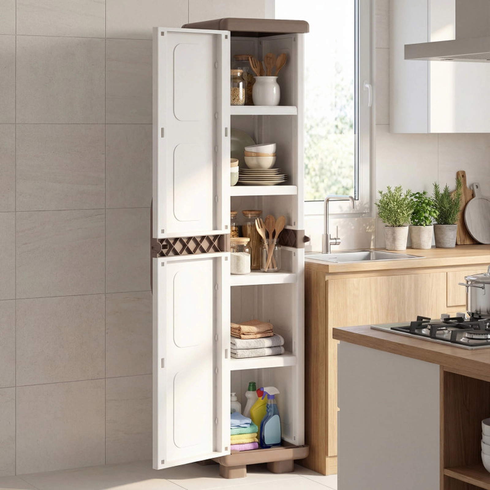 SUGIFT 70-in Tall 14-in Wide 55-lb Shelf Beige PP Plastic Pantry Cabinet with 5 Tiers and Single Door