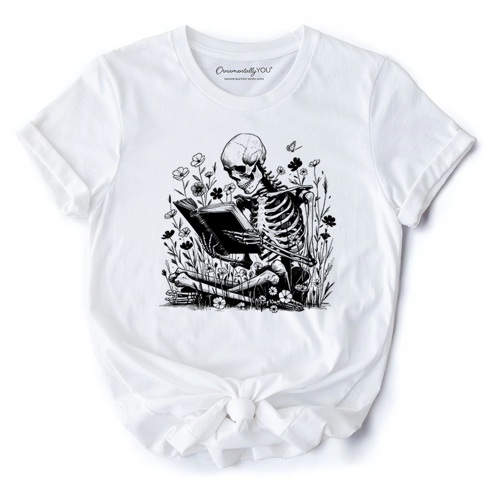 OrnamentallyYou Womens Gothic Reading Skeleton Halloween T-Shirt
