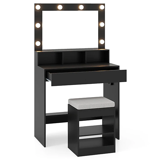 SUGIFT 2-Piece Vanity Set with Lighted Mirror, Storage Stool and Charging Station