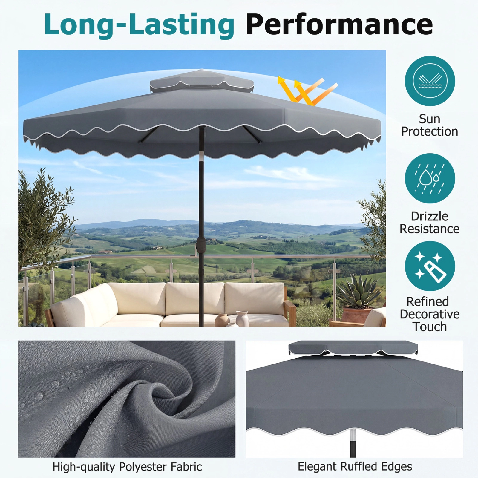 SUGIFT 10-ft Gray Patio Umbrella, 8 Ribs, Double-Vented Canopy, Crank Lift and Push-Button Tilt