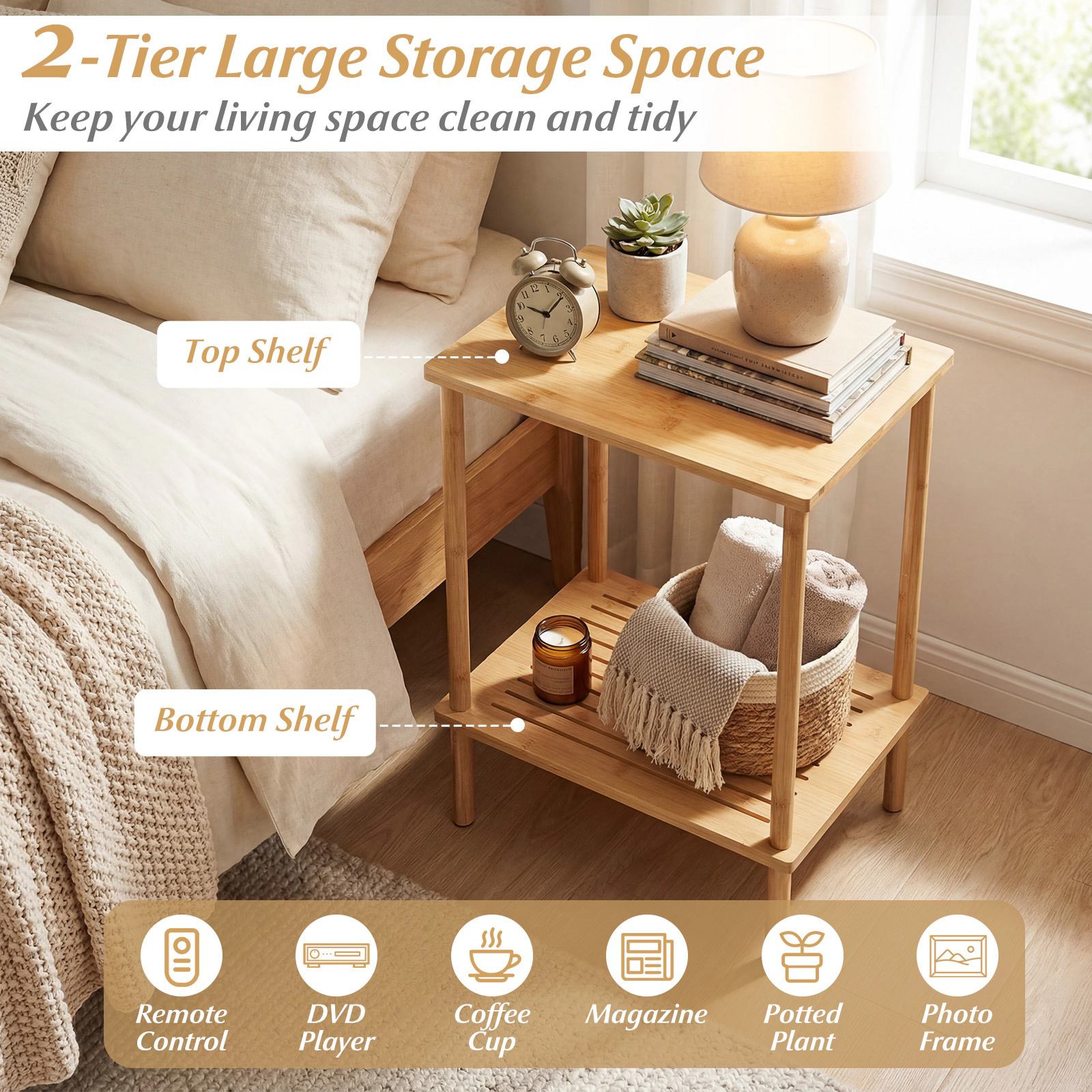 SUGIFT 2-Tier Bamboo Side Table with Storage Shelves 66-lb Capacity Rectangular Tea Sofa End Table Natural