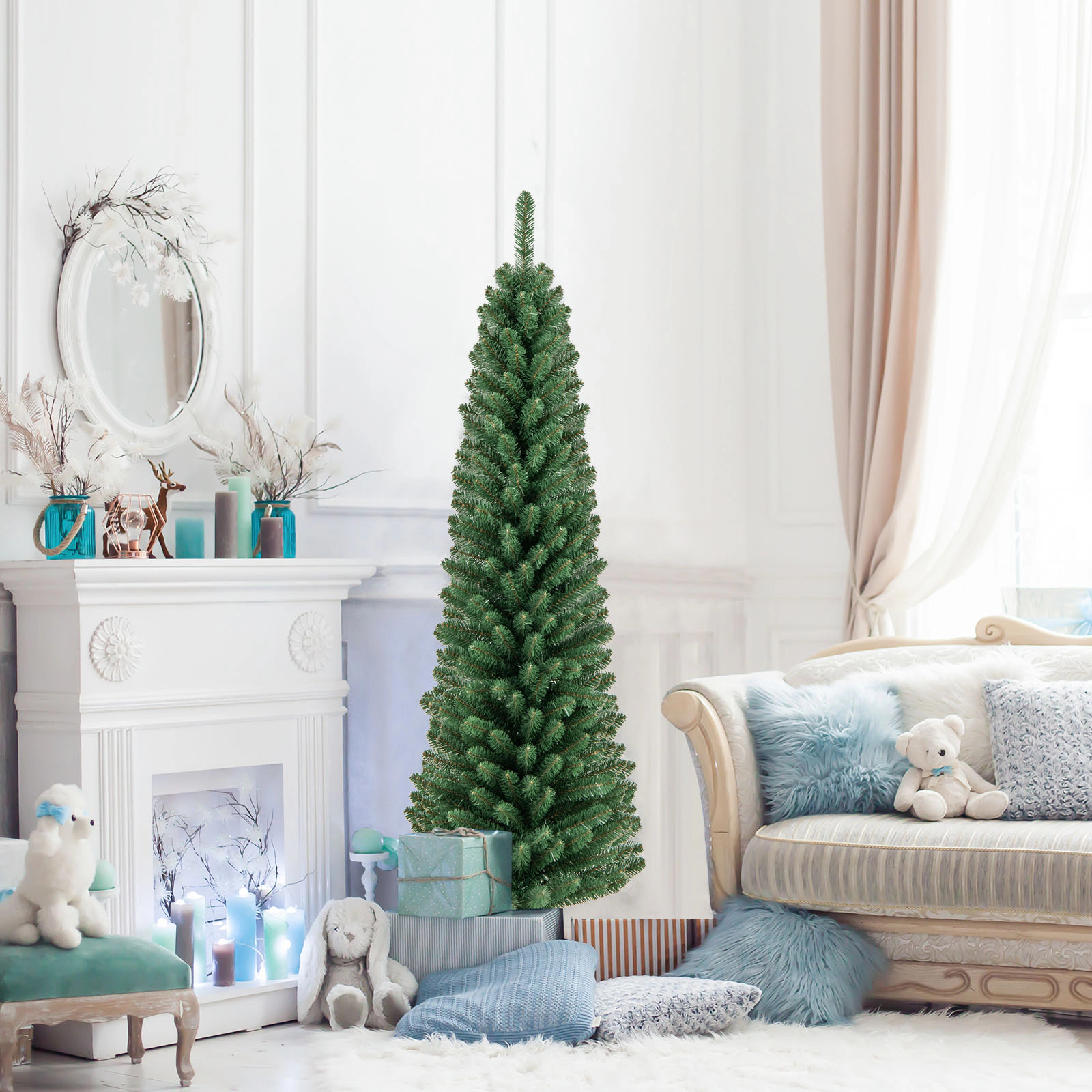 LJG 5/6/7/8 Feet Pencil Christmas Tree with 295/392/523/671 Memory Wire Branch Tips and Upgraded Metal Stand