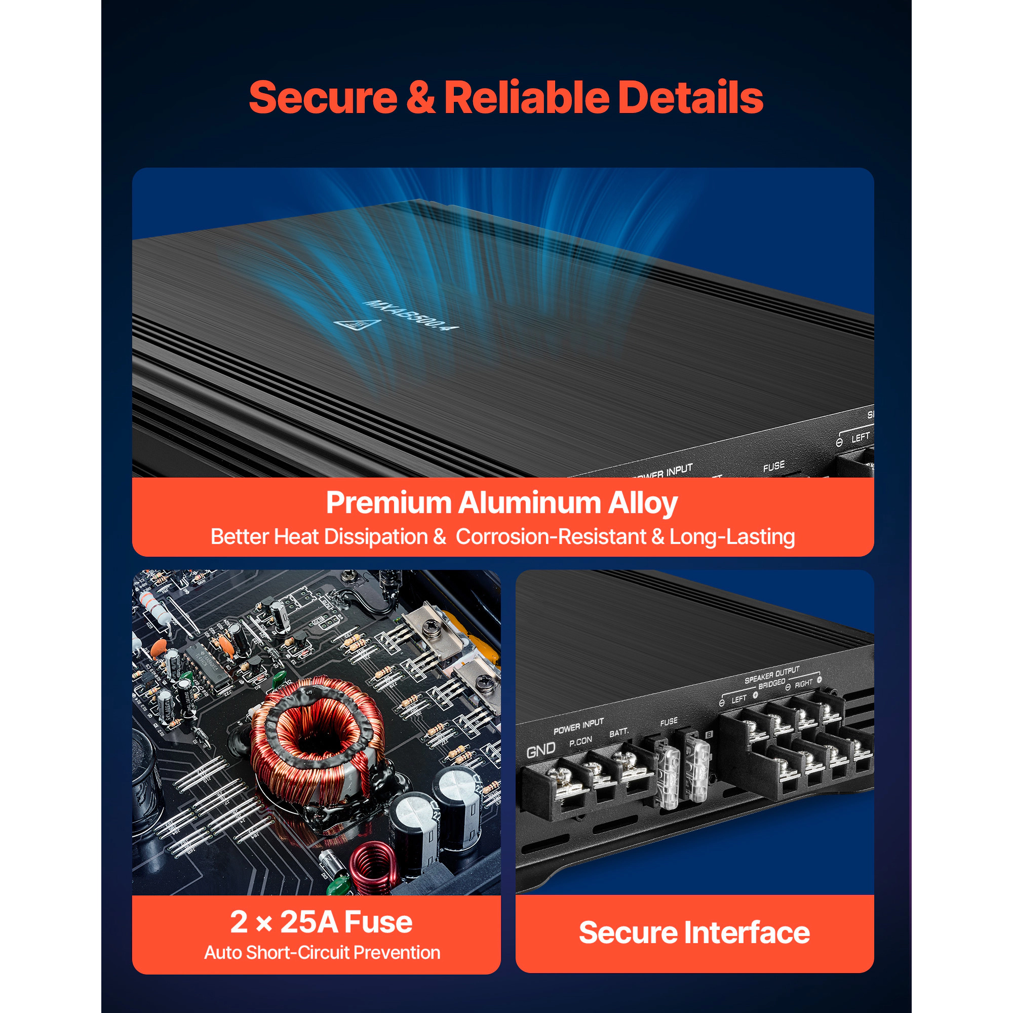 HONGGE 4 Channel Car Audio Amplifier 2 Ohm Stable Bridgeable Class Full Range Amp Max Power @ / for