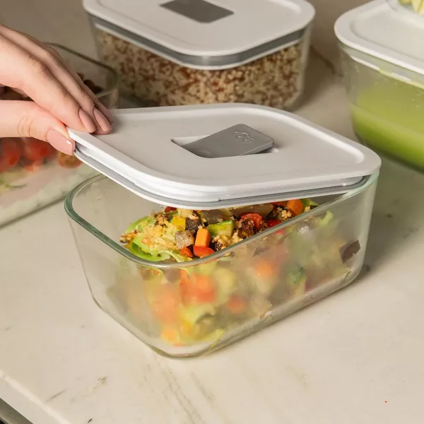 OU Glass Food Storage Container Set 8pc, Airtight Leak Proof Lids w/ Microwave Valve, Microwave Freezer Dishwasher Safe