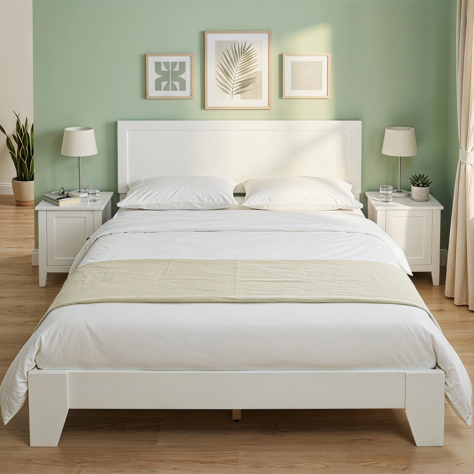 Queen Size Modern Wood Platform Bed Frame with Mid-Century Headboard Tapered Legs Wooden Slat Support White