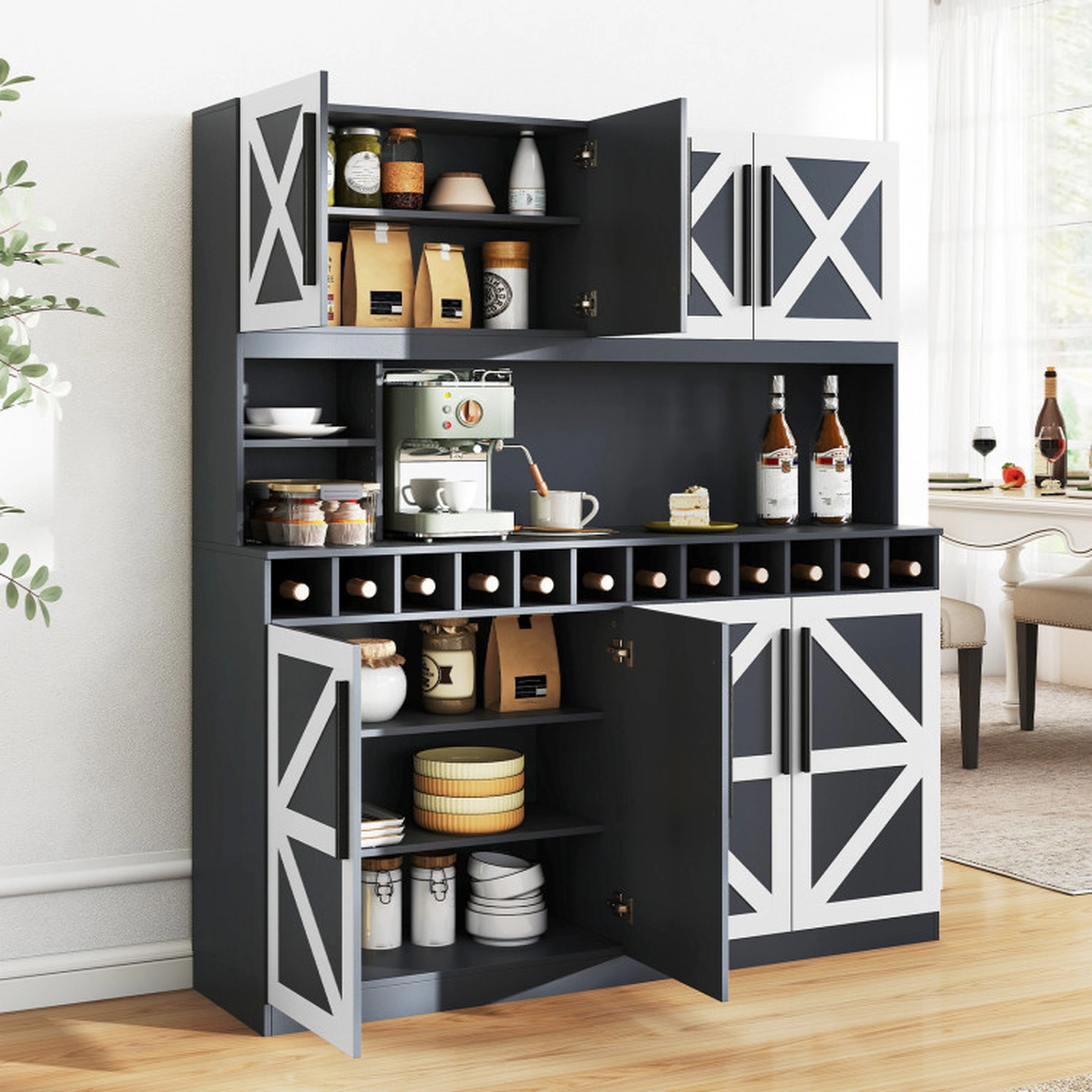 SUGIFT 70-in Farmhouse 4 Cabinets 2 Shelves 12 Wine Slots Kitchen Pantry Hutch 63-in x 16-in 330-lb Capacity Dark Gray