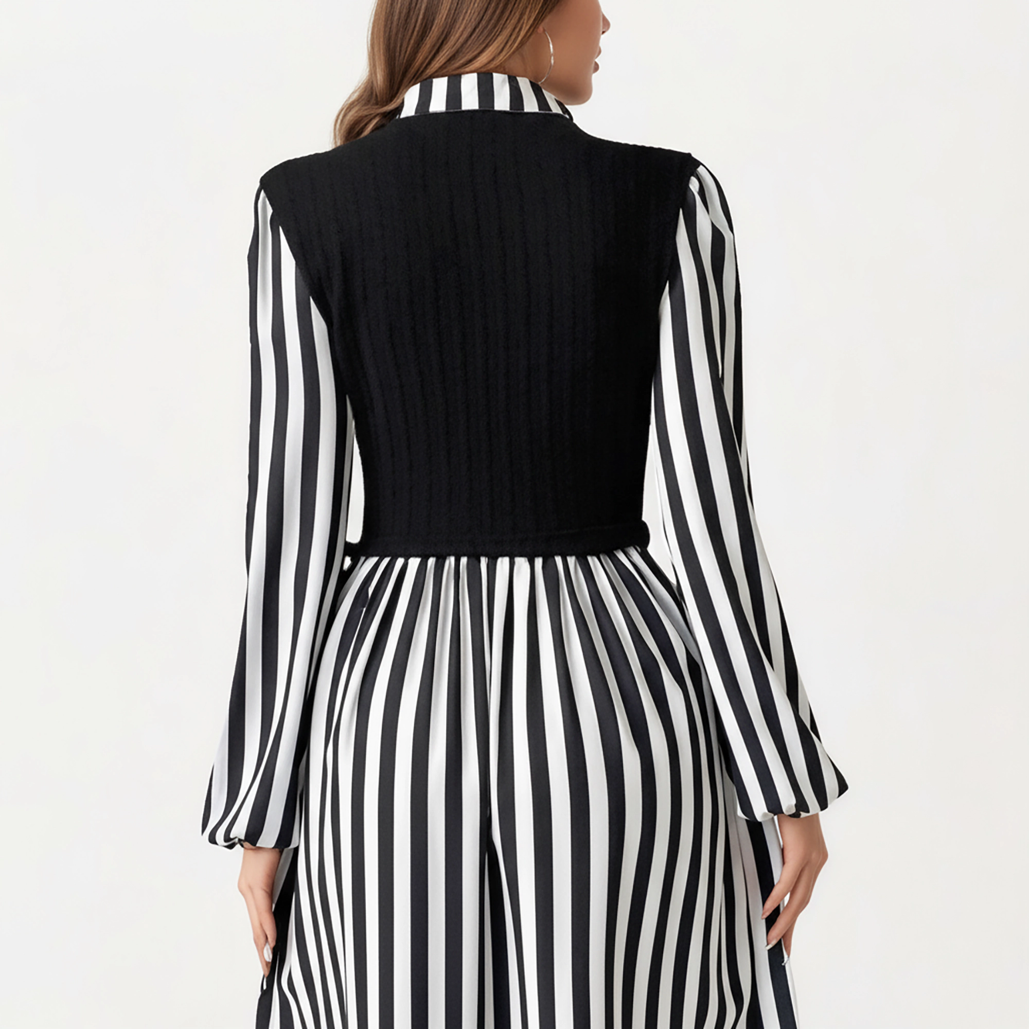 Anna-Kaci Women's Long Sleeve Striped Button Front Knit Vest Overlay Collared Neck Midi Dress