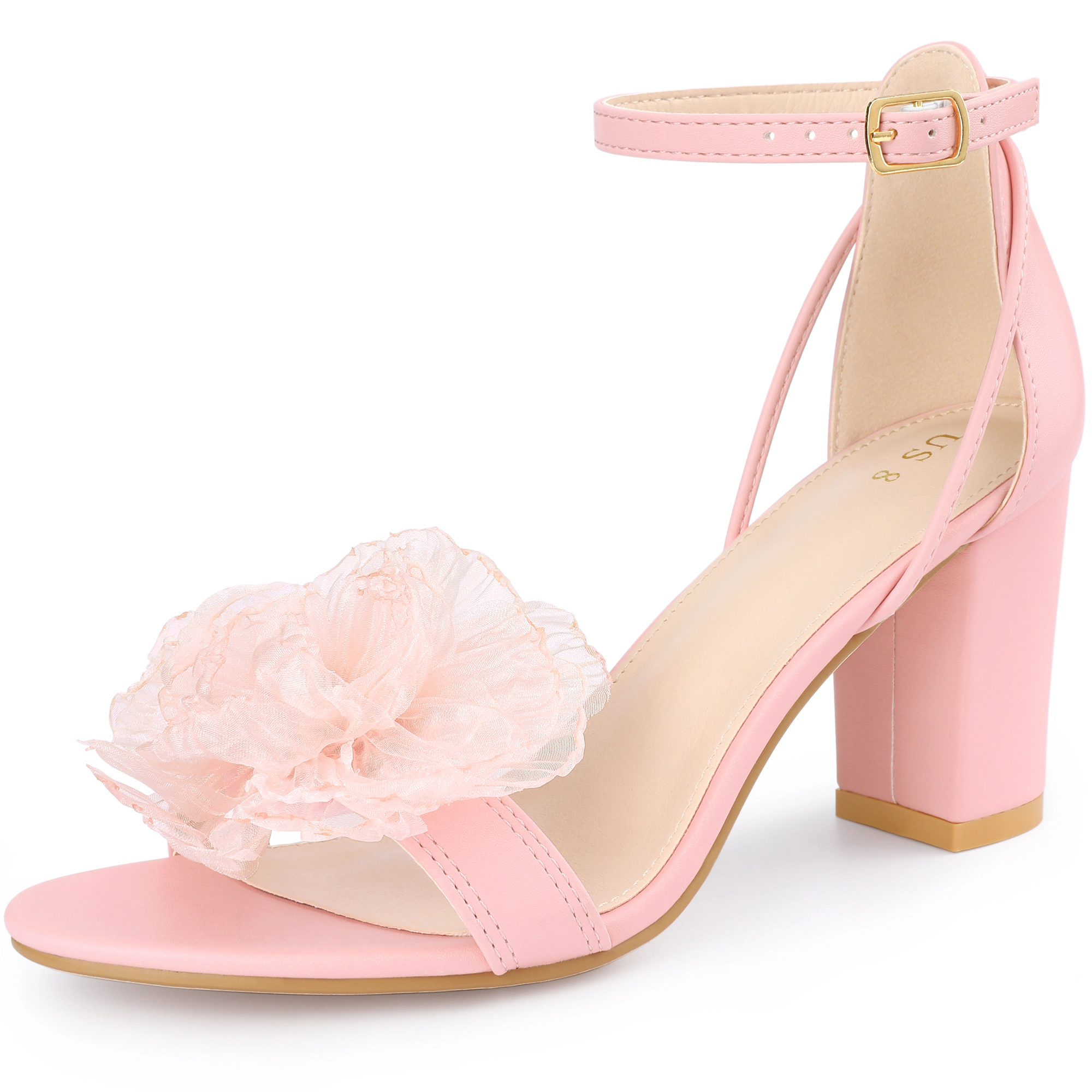 BLISSFUL STEP Women Faux Leather Floral Open Toe Ankle Strap Block Heel Sandals