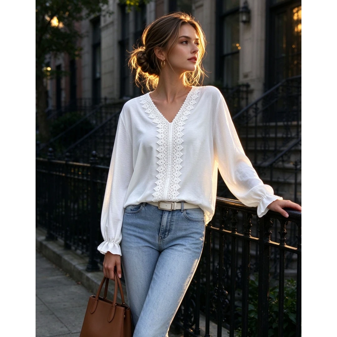 Coolmee Women's V-Neck Long Sleeve Lace Spliced Blouse Top All Season