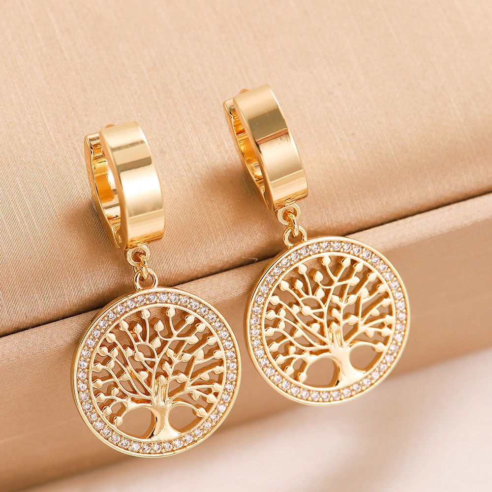 Hollow Tree of Life Cubic Zirconia Hoop Drop Earring