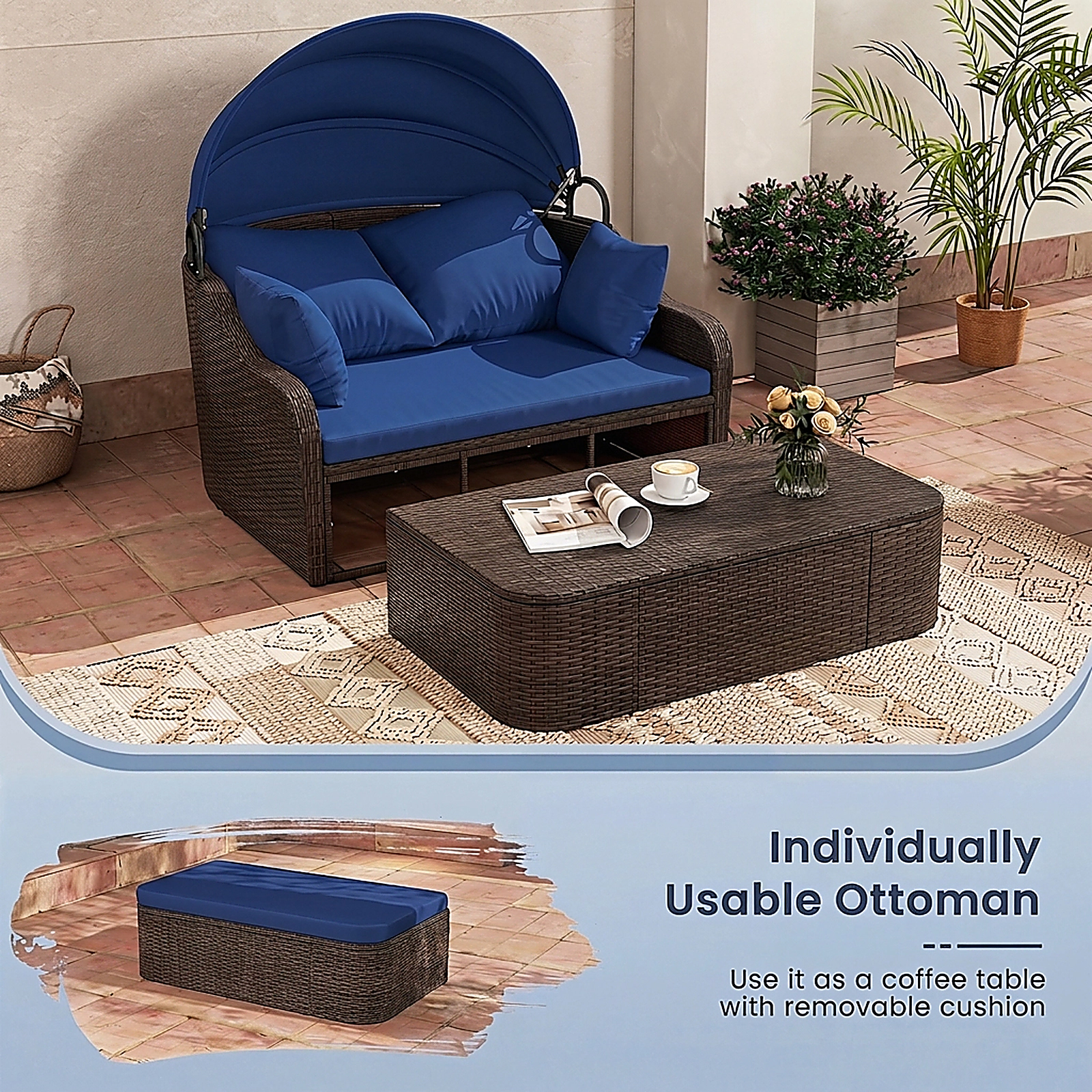 SUGIFT 73-Inch Navy Rattan Patio Daybed with Retractable Canopy, 795-Lb Capacity