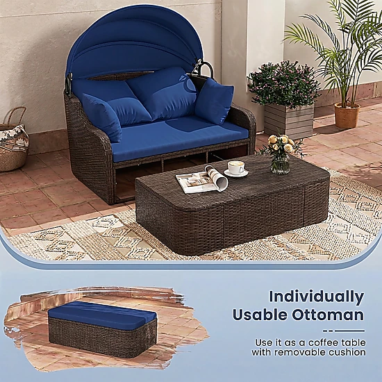 SUGIFT 73-Inch Navy Rattan Patio Daybed with Retractable Canopy, 795-Lb Capacity