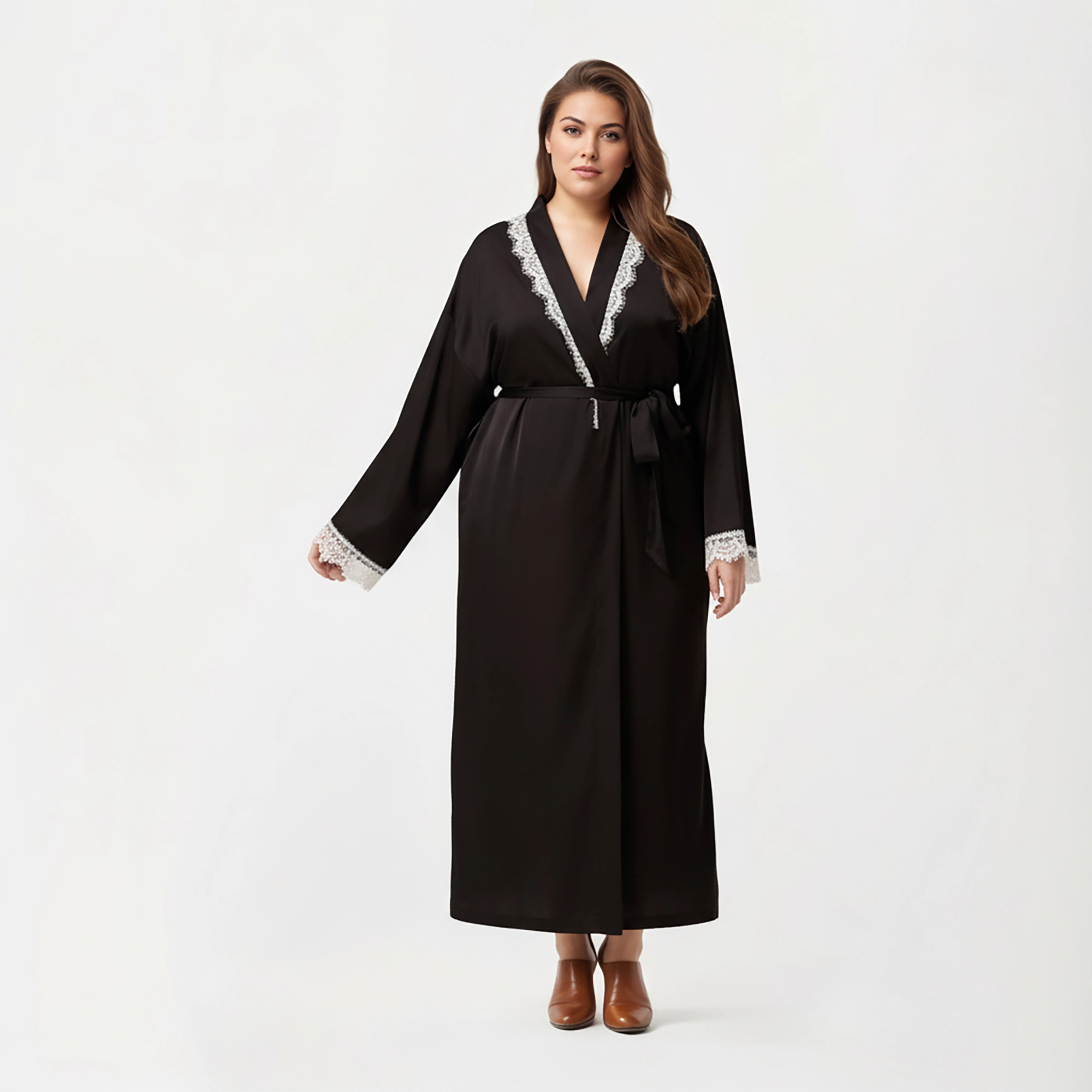 Anna-Kaci Women's Plus Long Robe Lace Trim on Collar and Cuffs Featuring Soft Flowing Fabric Adjustable Belt