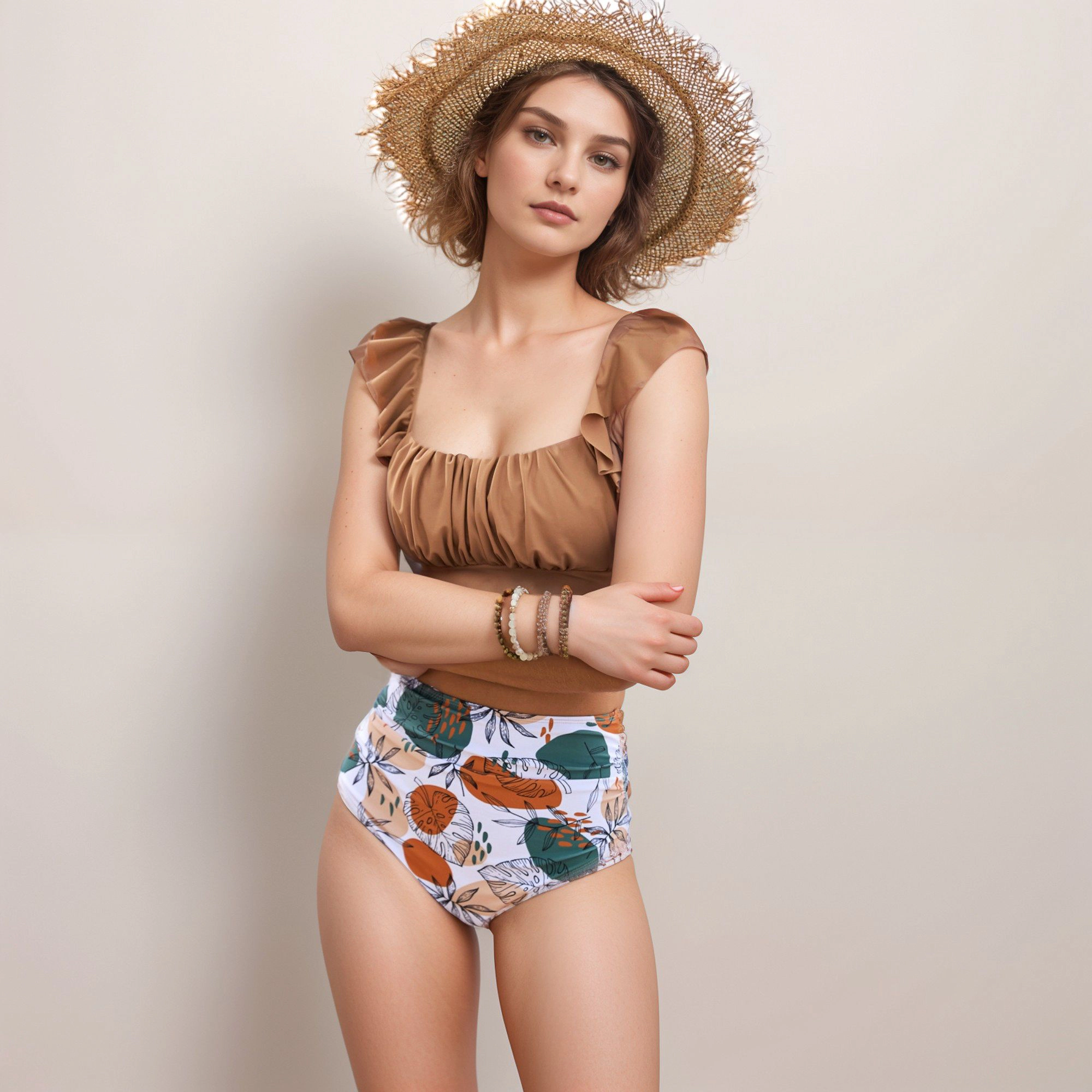 Anna-Kaci Women’s Ruffle Bikini Top and High-Waist Floral Bottoms