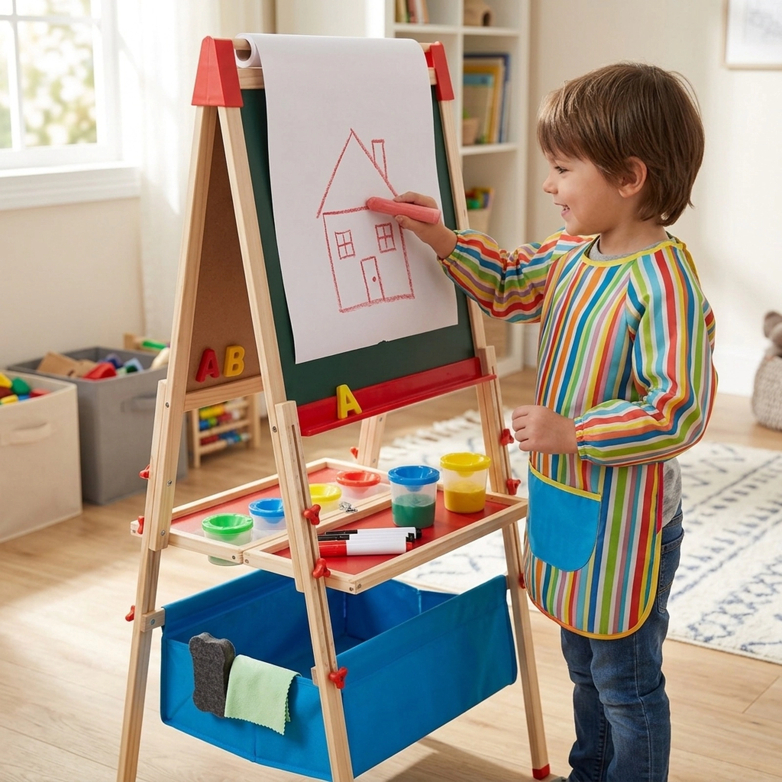 SUGIFT Foldable Double-sided Kids Easel with Magnetic Chalkboard and Paper Roll 47-57-in Tall Ages 3-15 Natural Red Blue