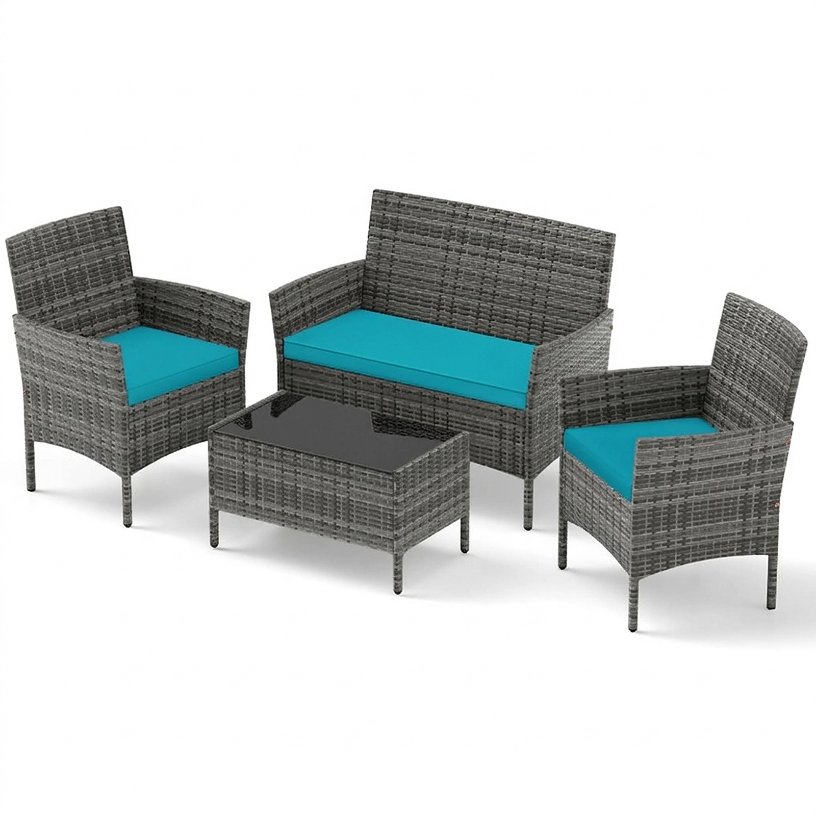 SUGIFT 4-Piece Turquoise Patio Rattan Conversation Set with Glass Table 16-in Seat H 800-lb Loveseat Capacity