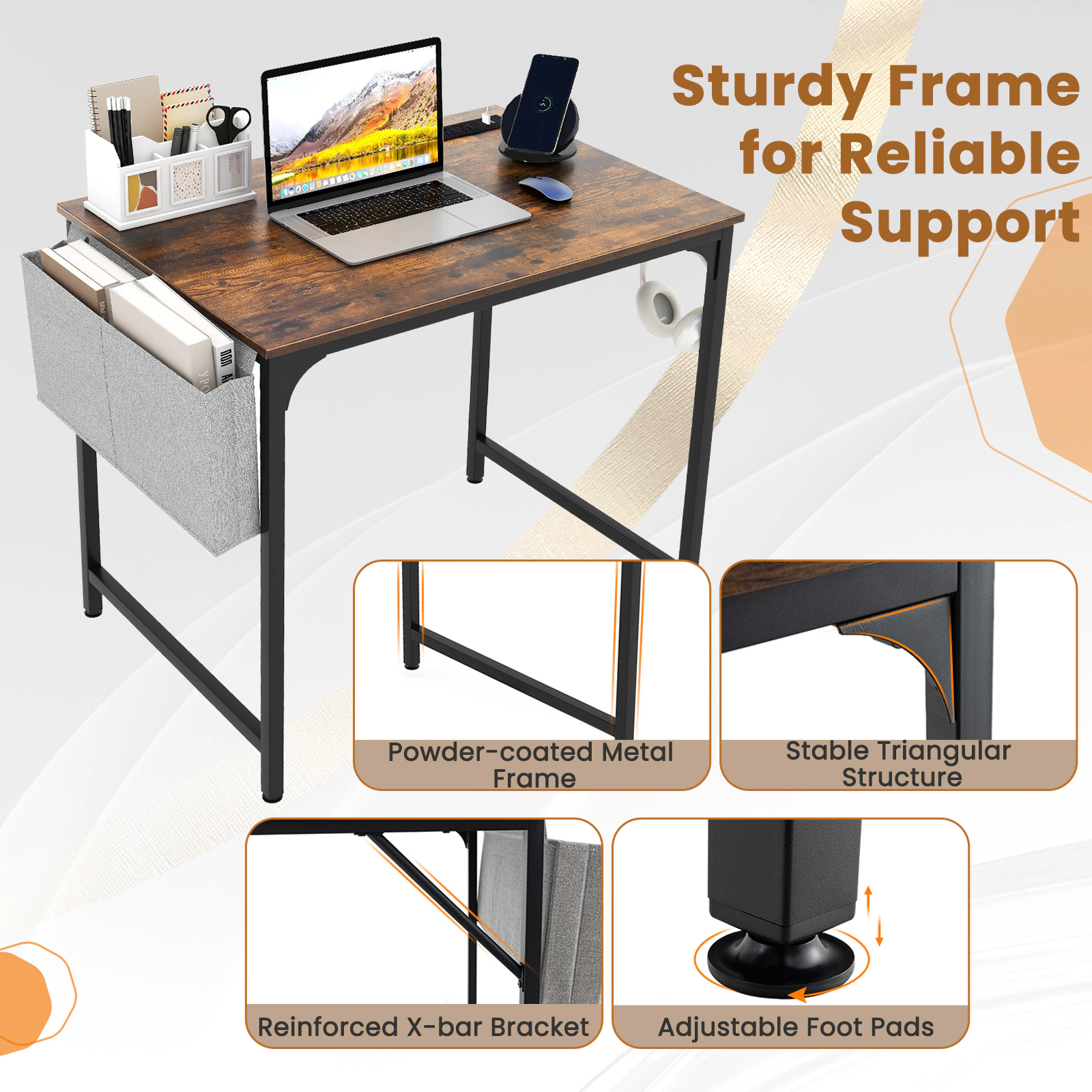 SUGIFT Rustic Brown 32-Inch Computer Desk with Charging Station, USB Port, Headphone Hook and Storage Bag