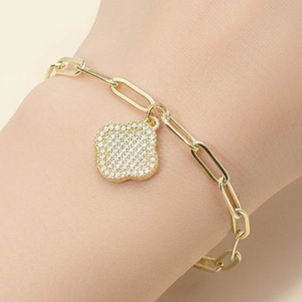 FASHNZFAB Stainless Steel Rhinestone Pave Quatrefoil Charm Paperclip Chain Link Bracelet
