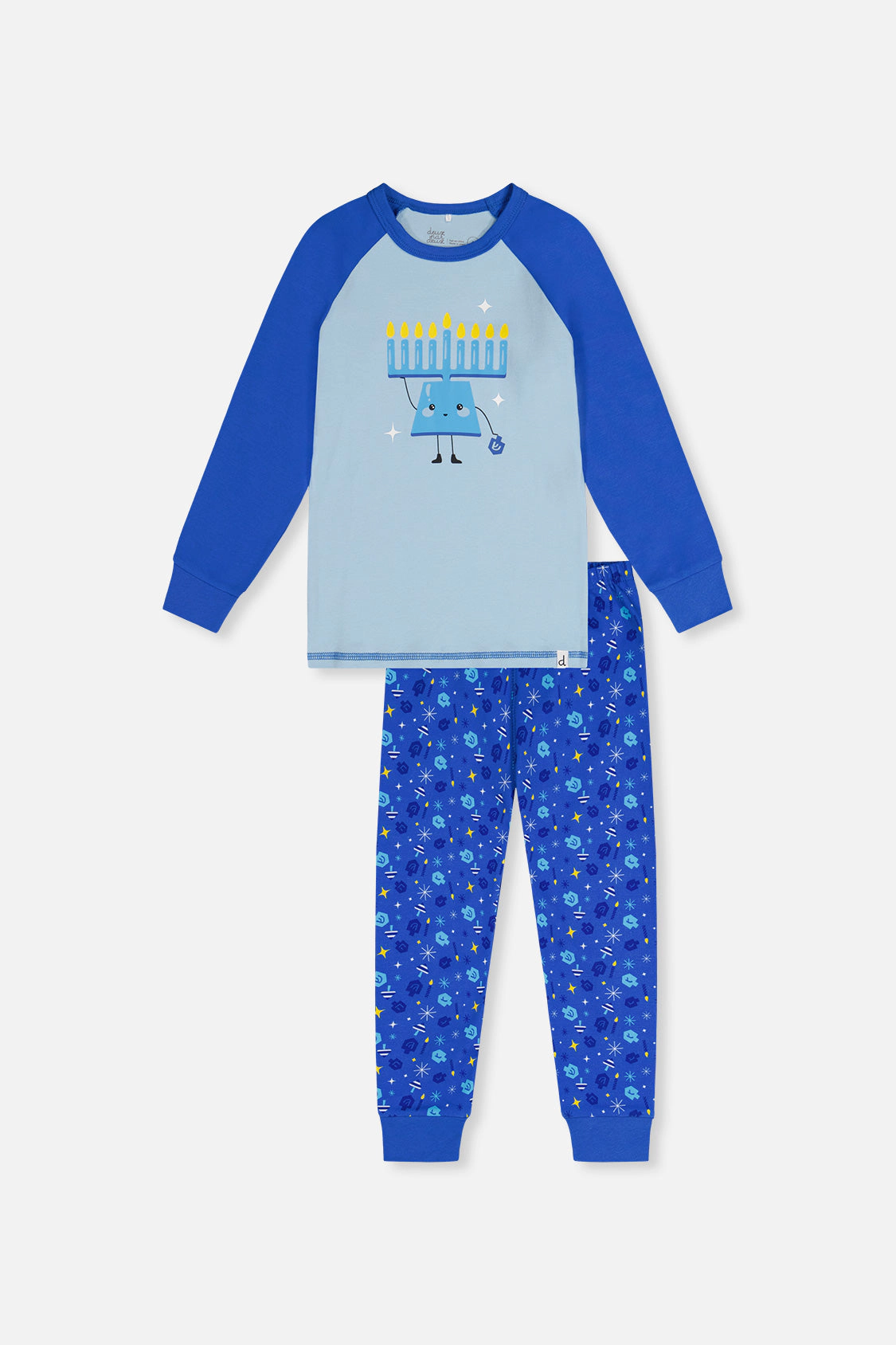 Deux par Unisex Organic Cotton Hanukkah Print Two Piece Pajama Set with Raglan Top and Pants