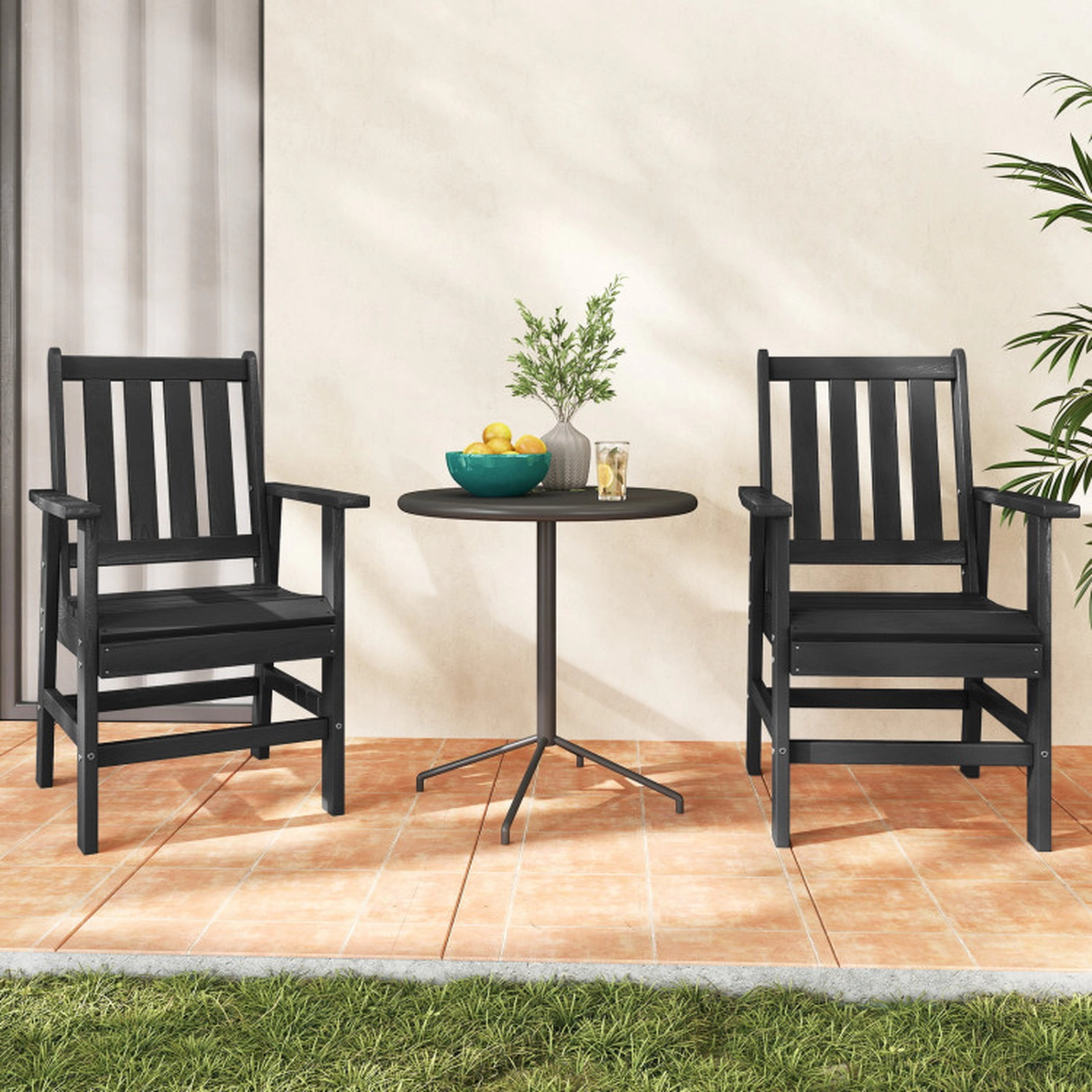 SUGIFT Set of 2 330-lb Capacity Black HDPE Outdoor Dining Chairs with Wide Armrests and Slatted Seat
