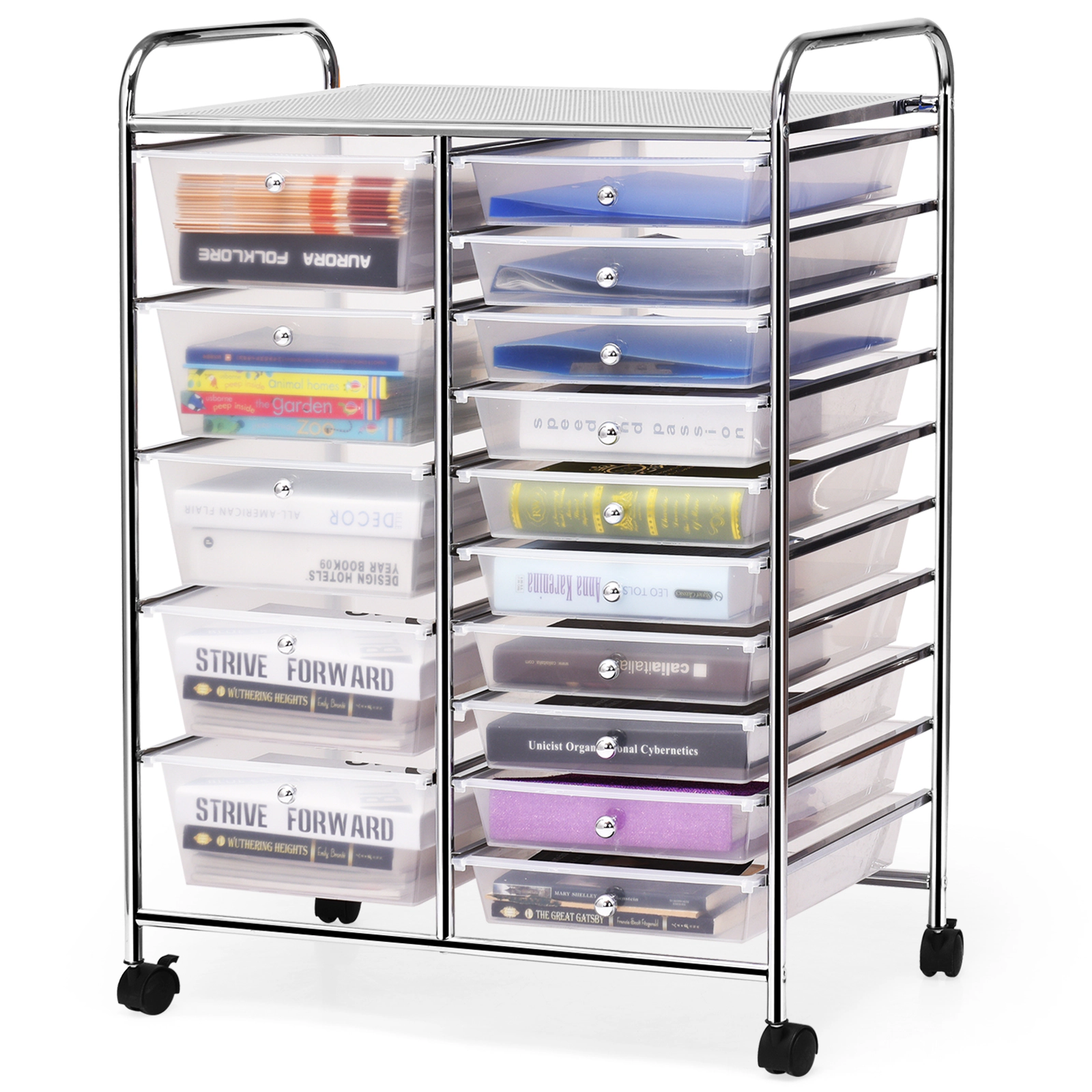 SUGIFT Clear 34-in 15-Drawer Rolling Cart Small Parts Organizer for Garage Hardware with Locking Casters
