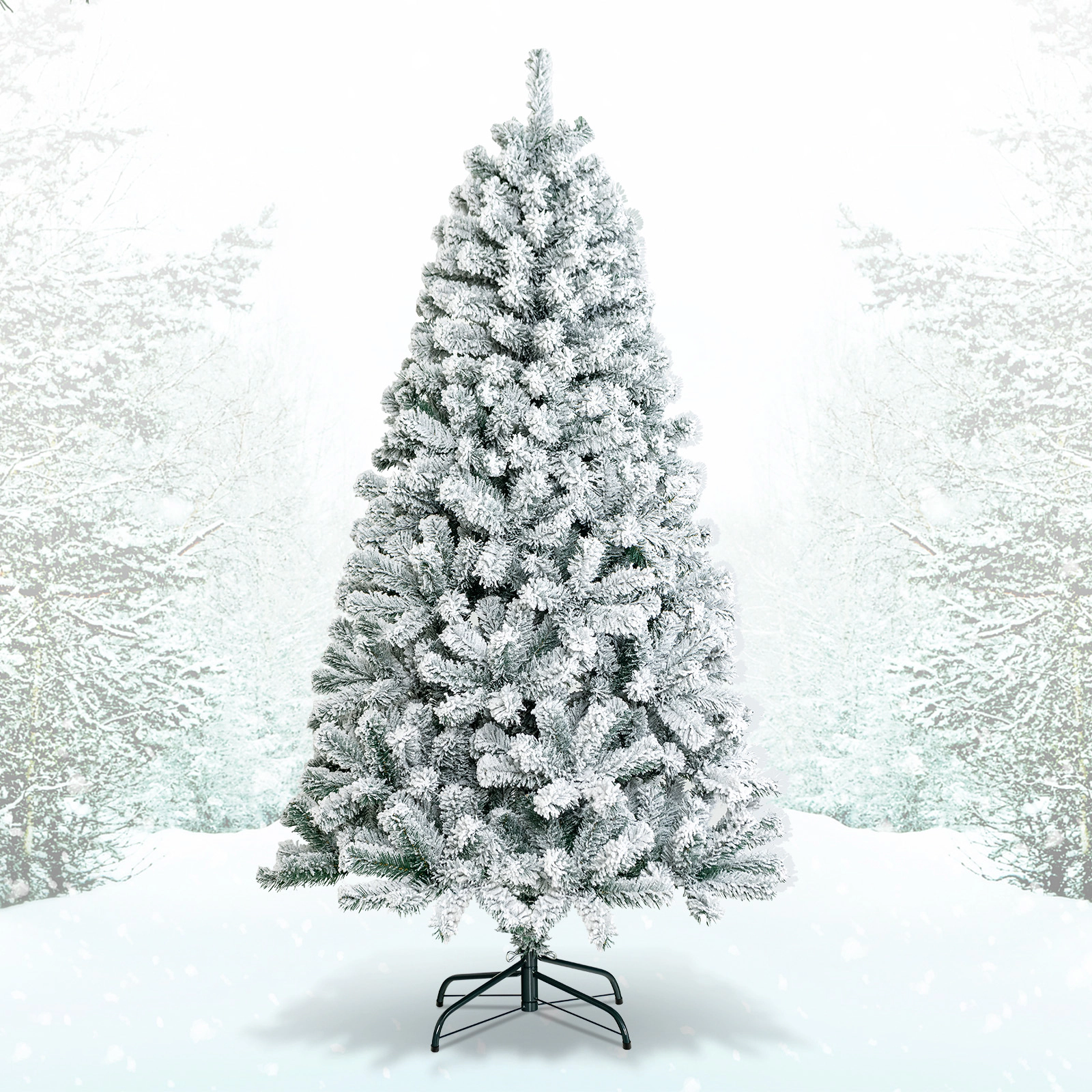 SUGIFT Snow Flocked Hinged Artificial White Christmas Tree with Branch Tips and Metal Stand