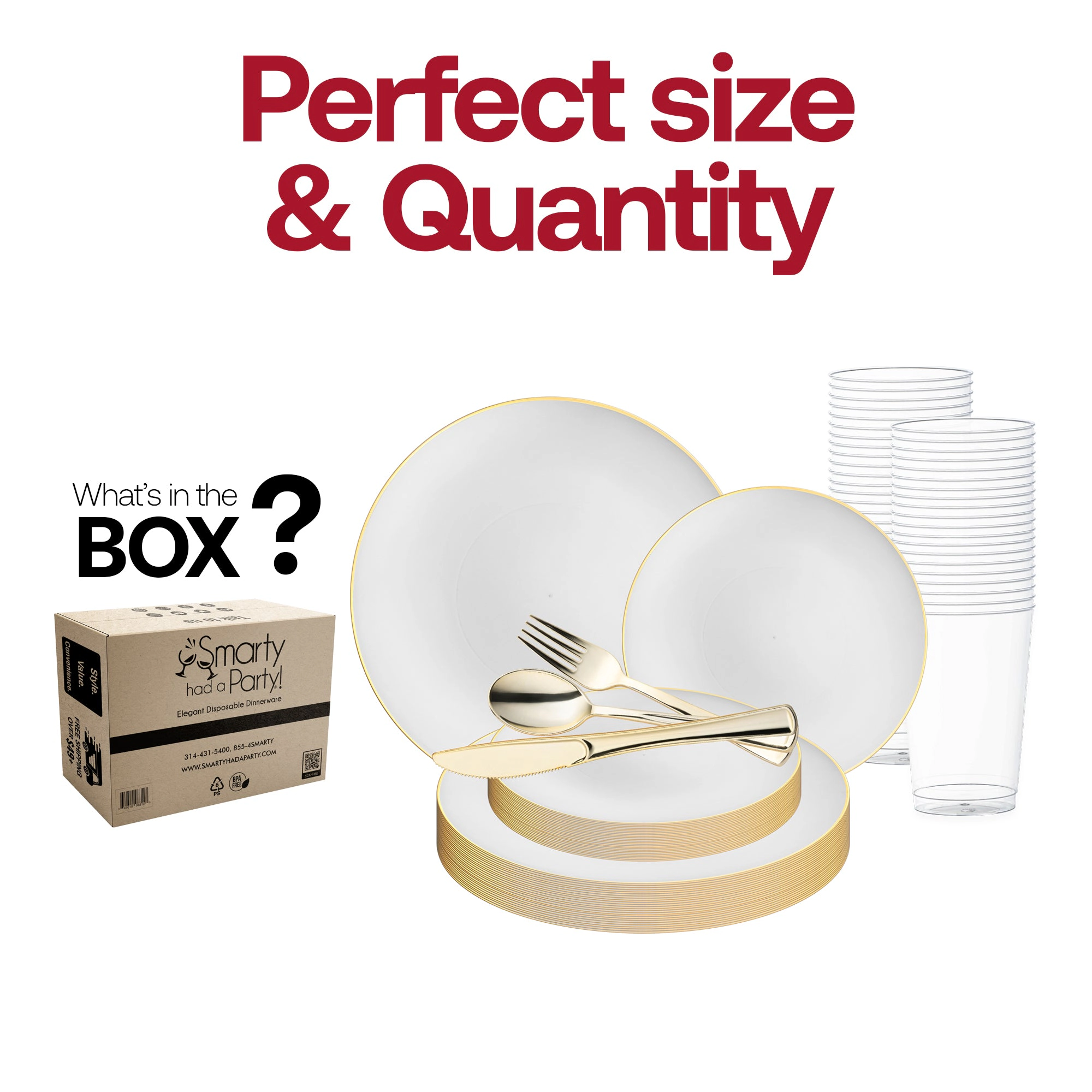 Smarty Had A Party White with Gold Rim Organic Round Disposable Plastic Wedding Value Set
