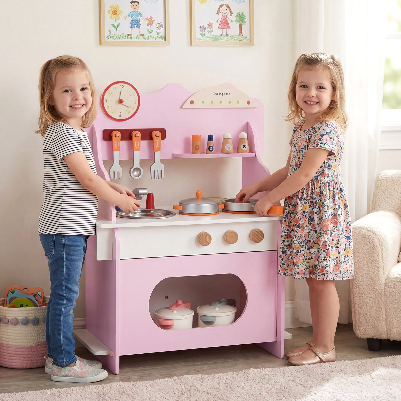 Pretend Play Toy Kitchen Set for Kids Clock Complete Accessory Kit Storage Shelves 20.5-in x 11.5-in x 28-in Pink