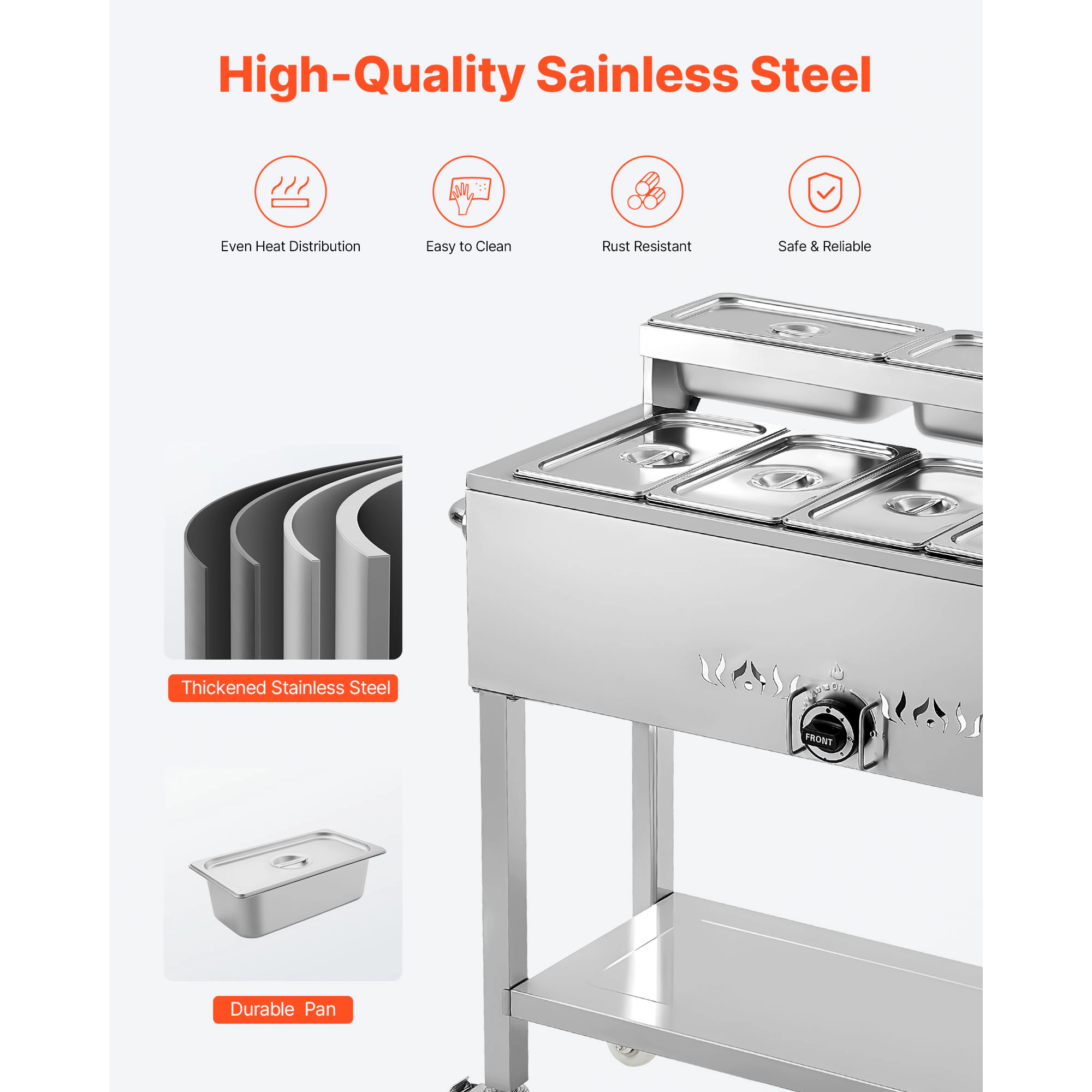HONGGE Commercial Propane Steam Table with Drain Valve Stainless Steel Food Warmer for Outdoor