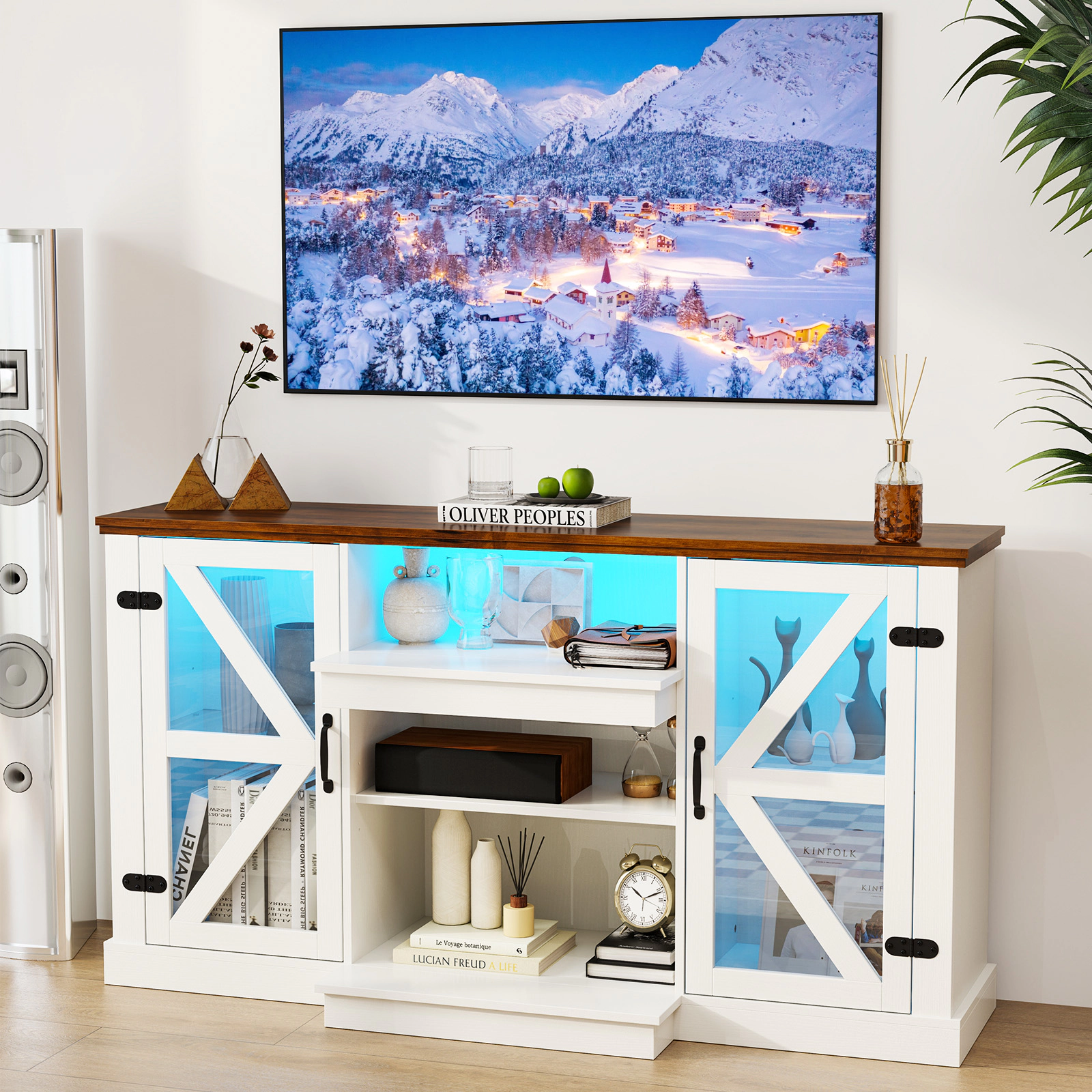 SUGIFT 59-in White TV Stand for TVs up to 68-in, LED Lighting and Glass Cabinets