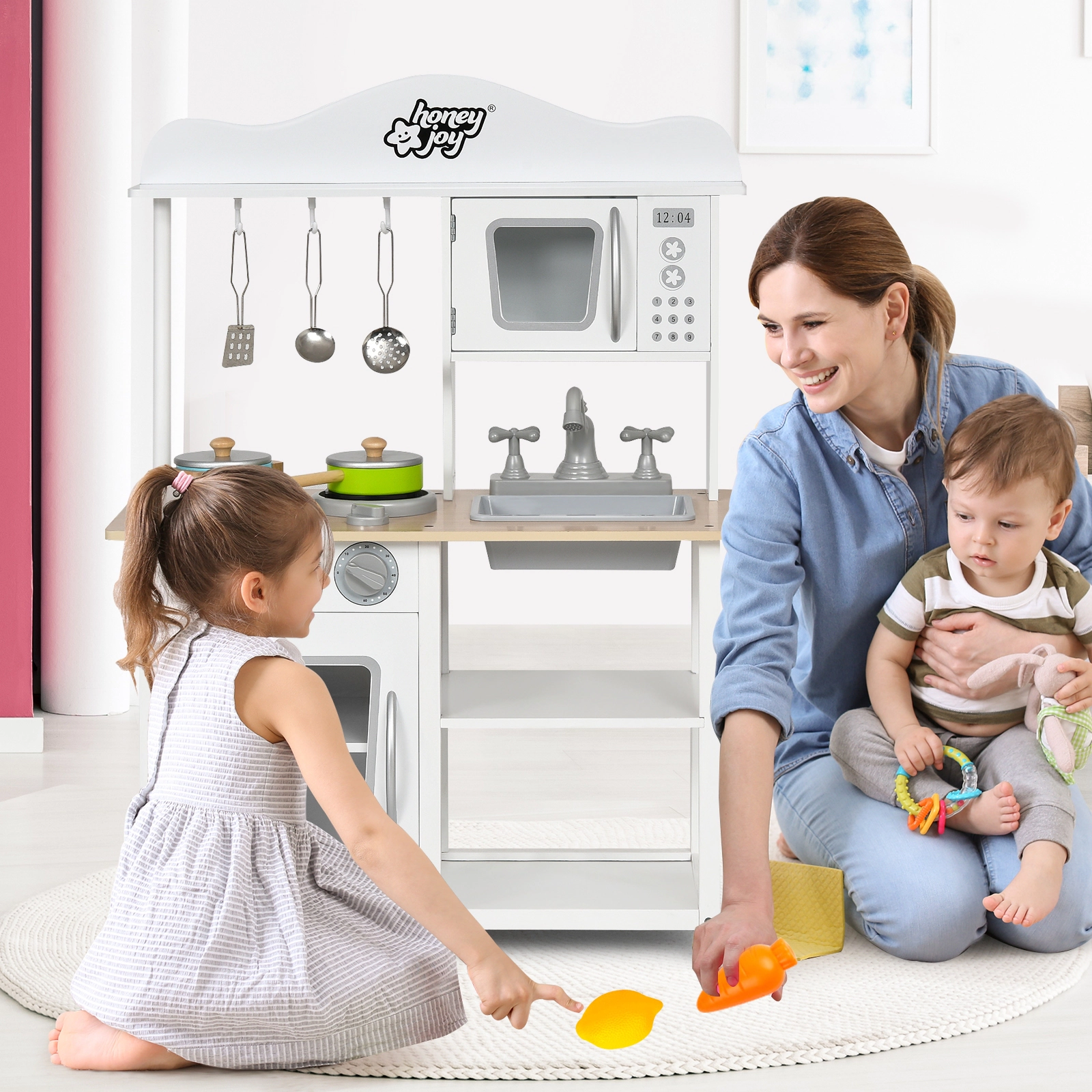 LJG Wooden Pretend Play Kitchen Set for Kids with Accessories and Sink