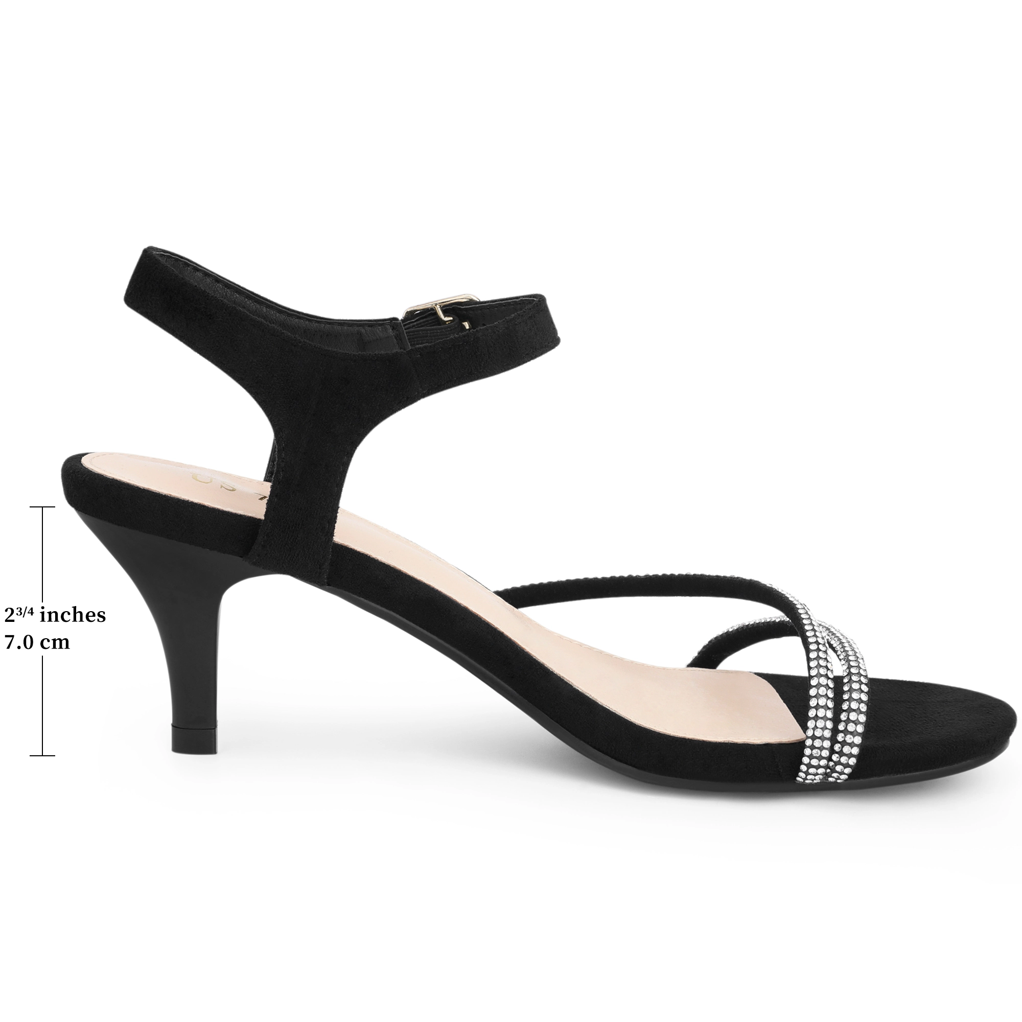 BLISSFUL STEP Women's Ankle Strap Rhinestones Kitten Low Heel Sandals