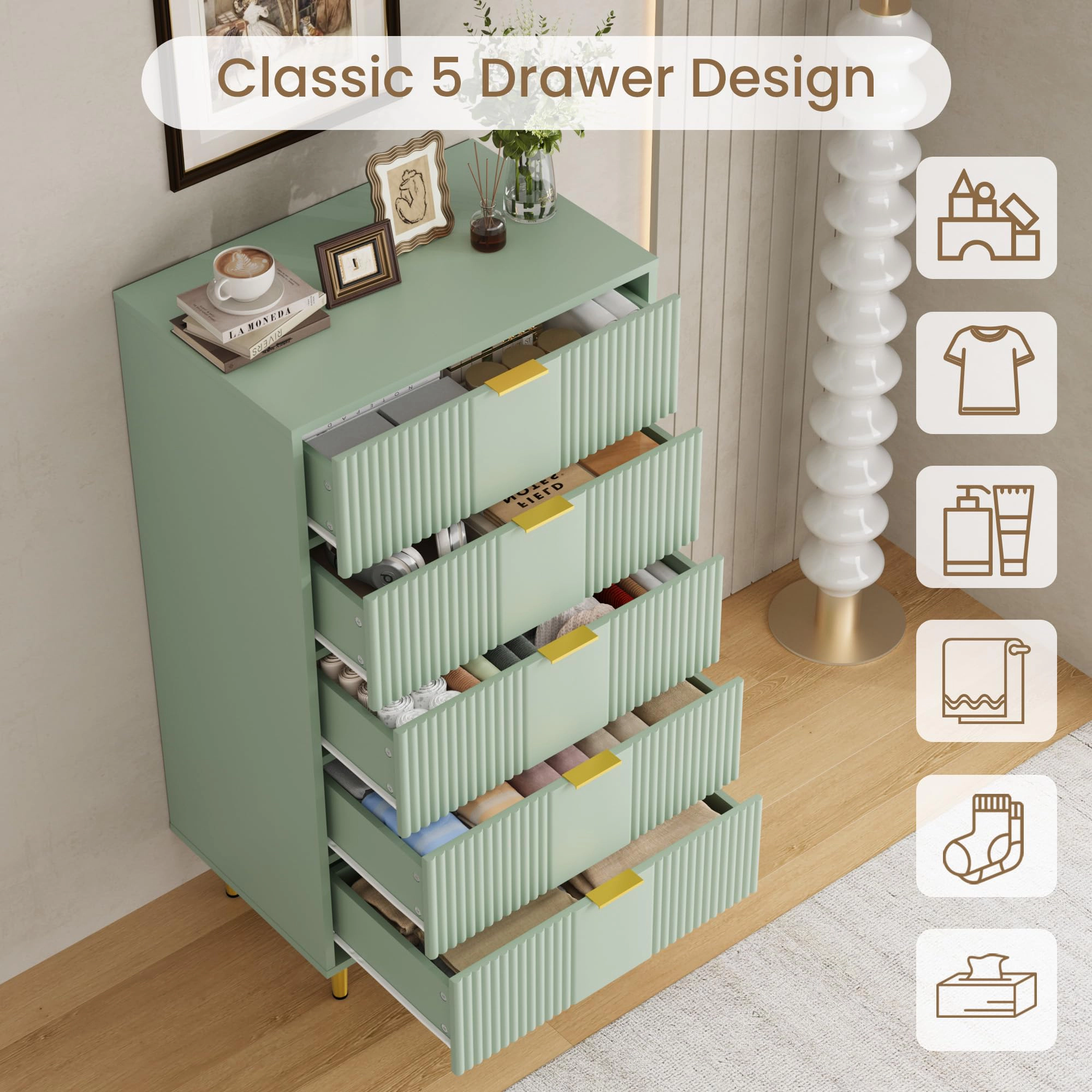 44.3" Tall Fluted 5 Drawer Dresser with Metal Handles, Modern Wood Storage Chest