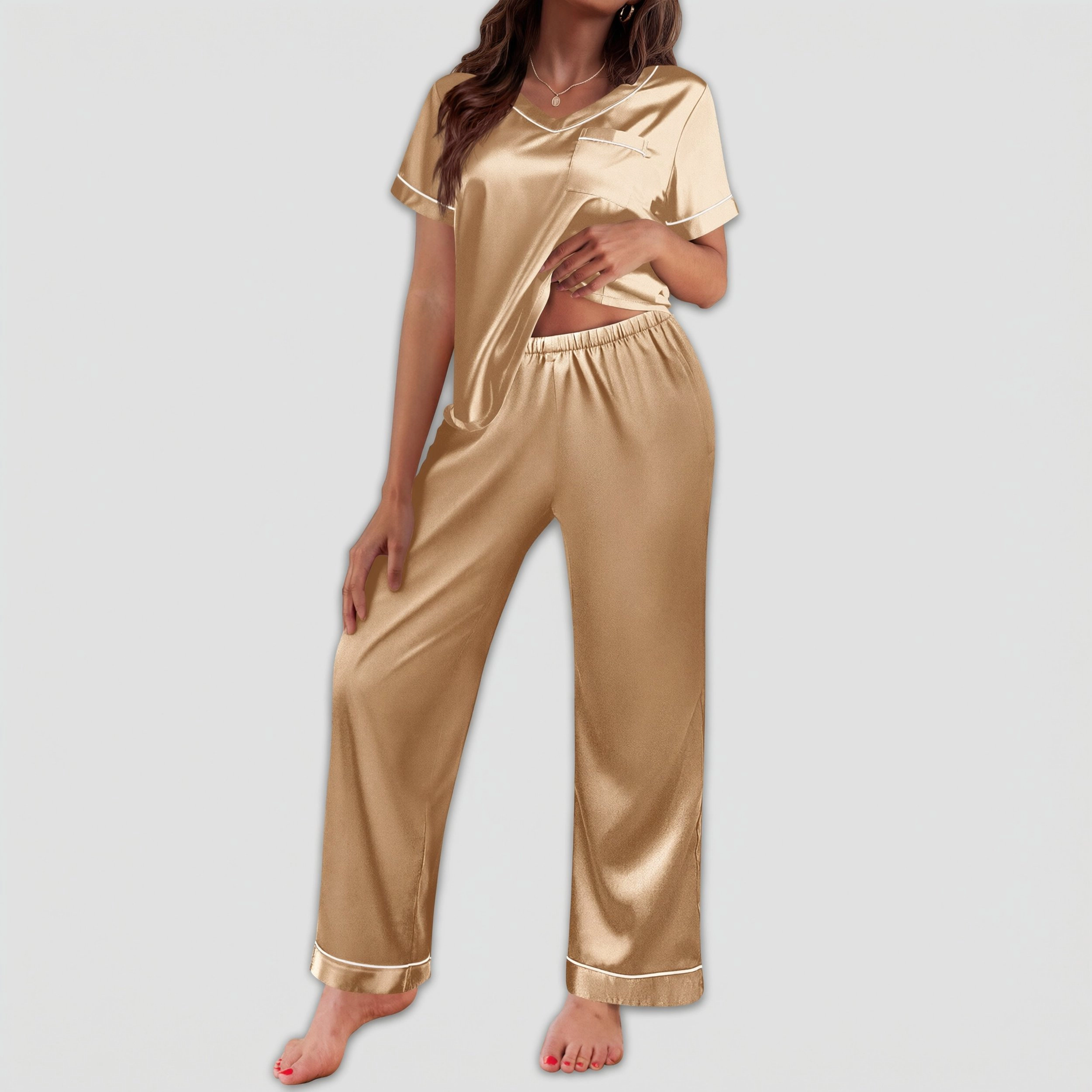 Ekouaer Pajamas for Women Short Sleeve Silk Pajama Sets Soft Sleepwear Top with Causal Long