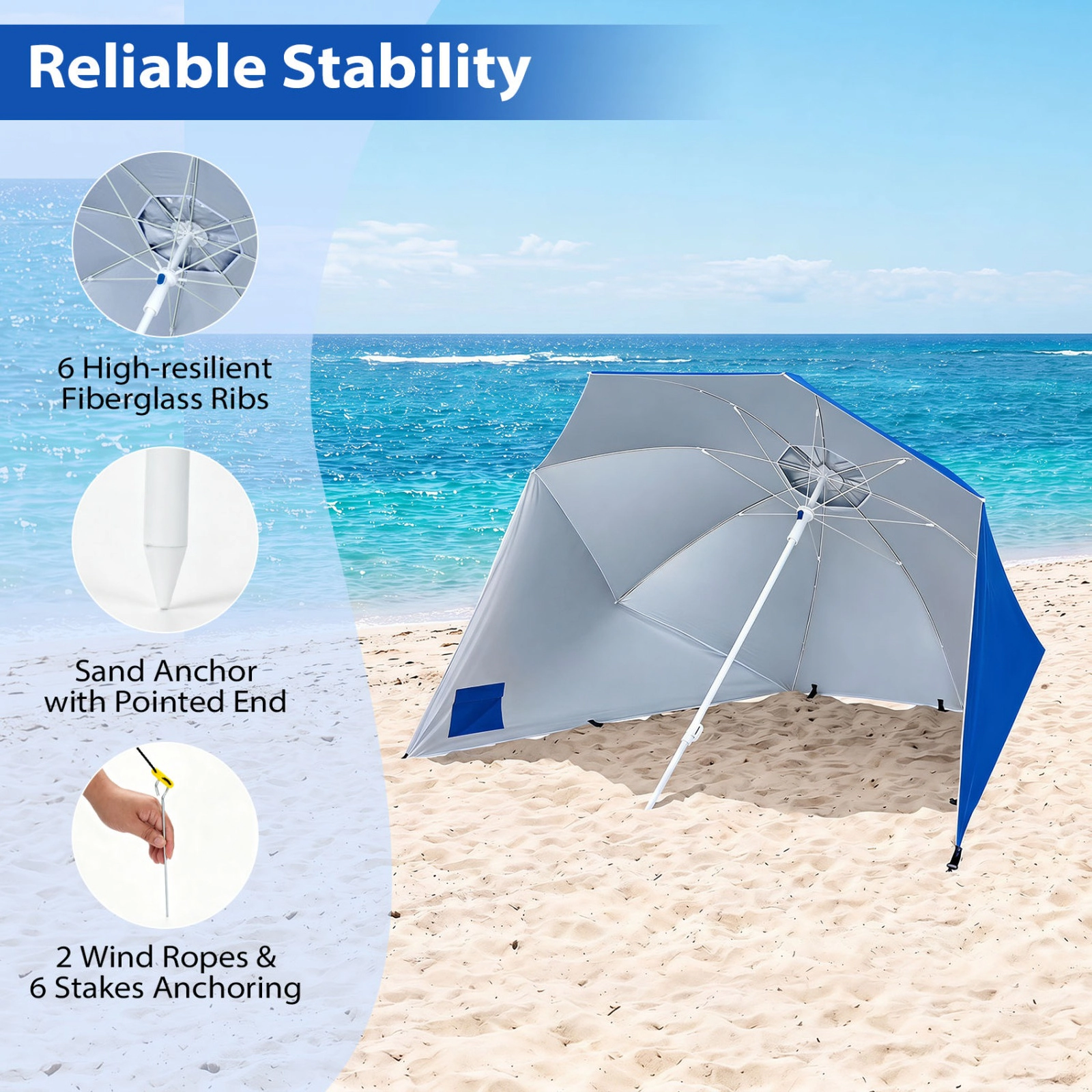 SUGIFT Blue 2-in-1 UPF 50+ Beach Shelter Umbrella with Side Panels Sand Anchor and 8 Fiberglass Ribs