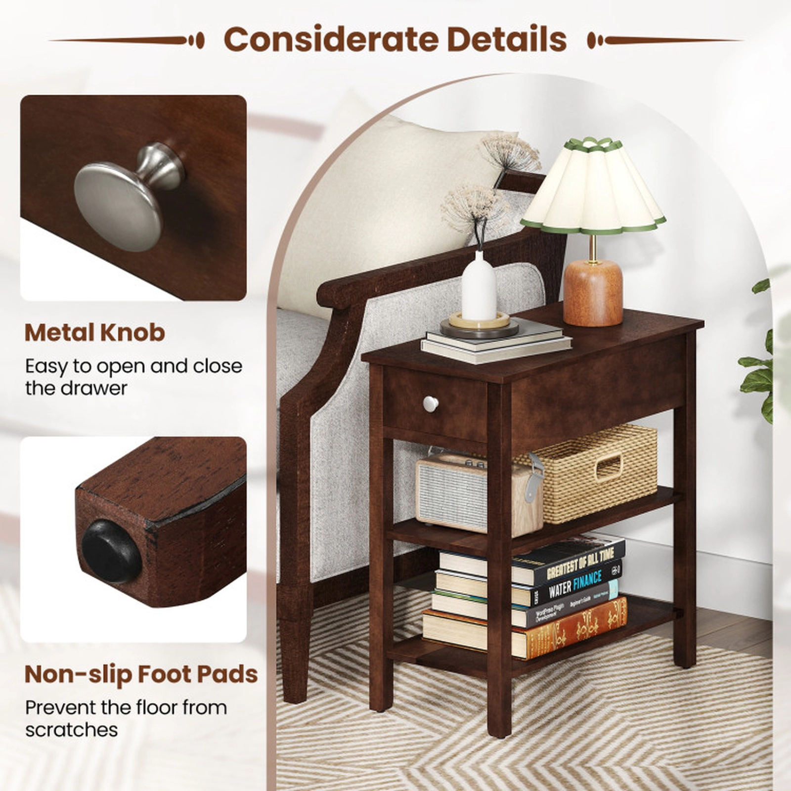 SUGIFT Narrow Walnut Side Table with Drawer and 3-Tier Storage Shelves