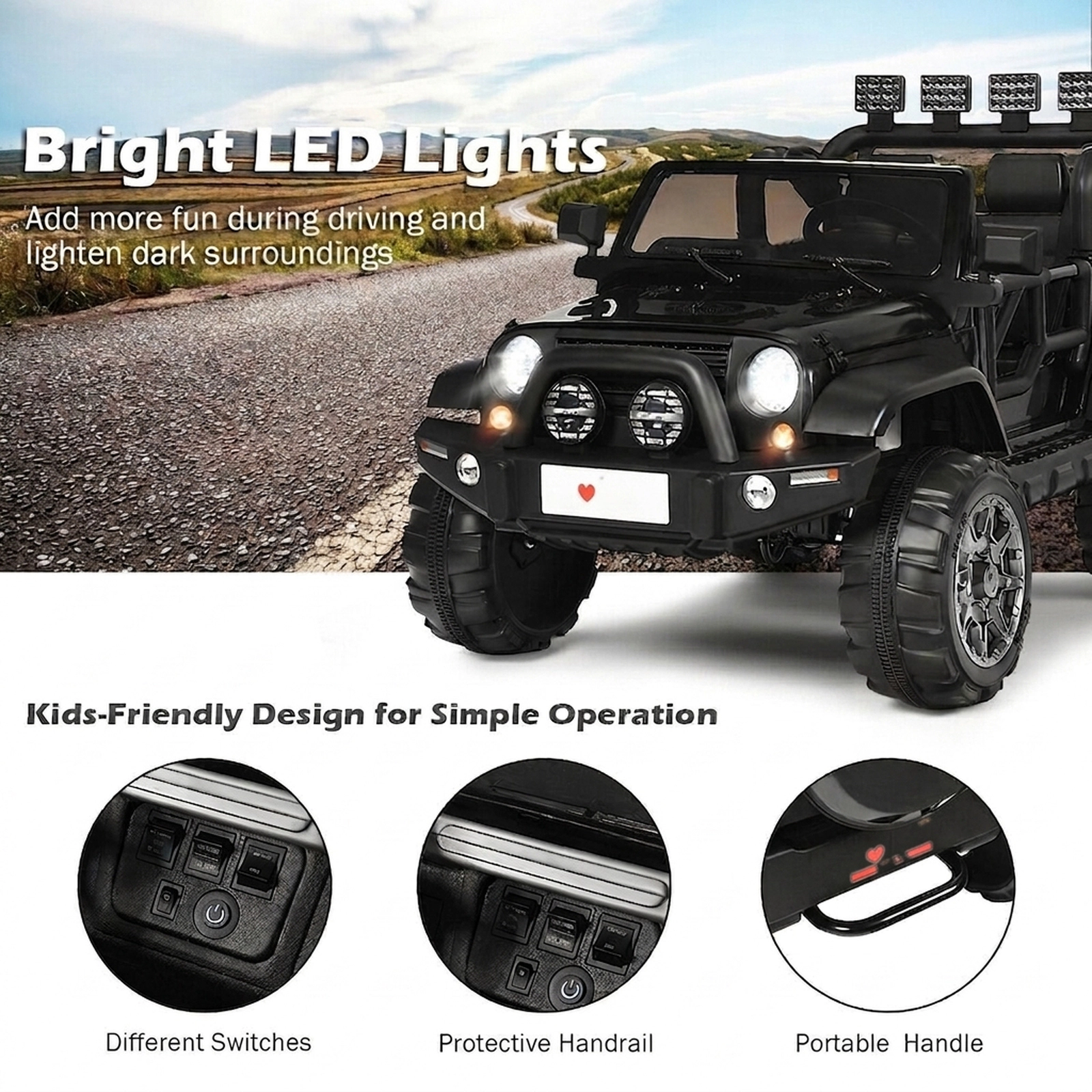 12V Kids Electric Car Ride On Truck Parent Remote 3 Speeds Soft Start USB Music 48.5-in Ages 3+ 110-lb Capacity Black