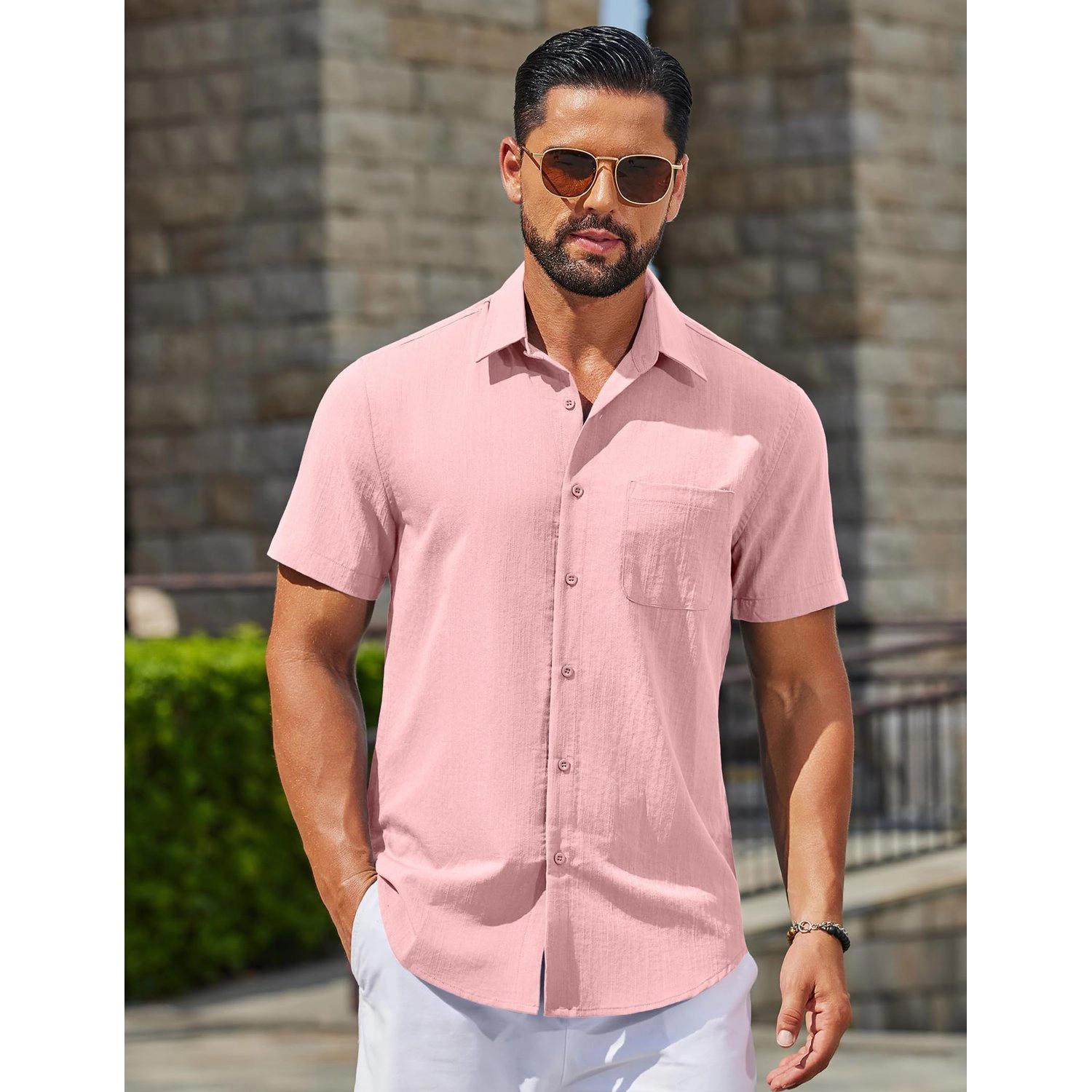 COOFANDY Mens Short Sleeve Button Down Shirts  Lapel Collar Casual Pocket Tops