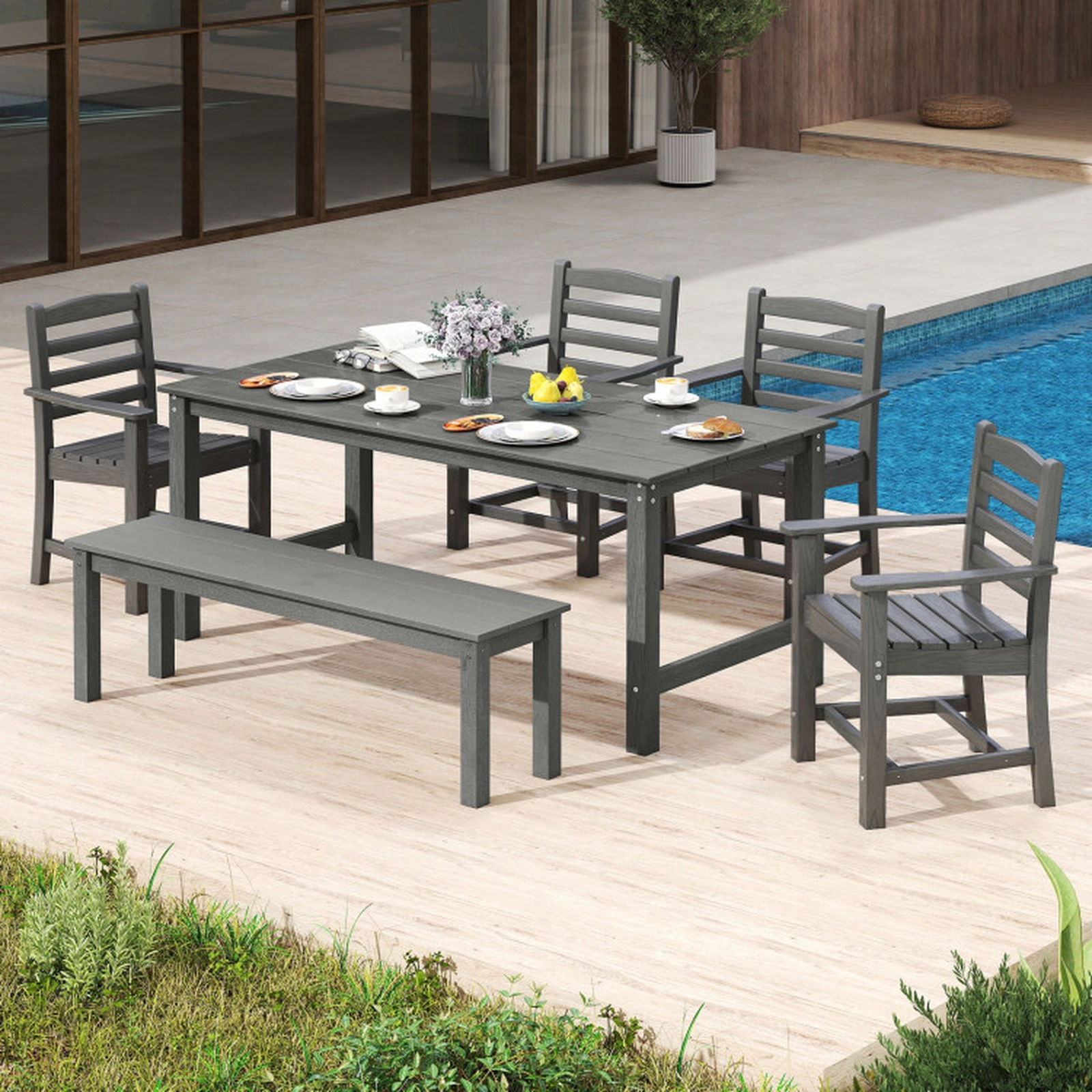 SUGIFT Set of 2 Gray HDPE Adirondack Patio Dining Chairs with Wide Arms