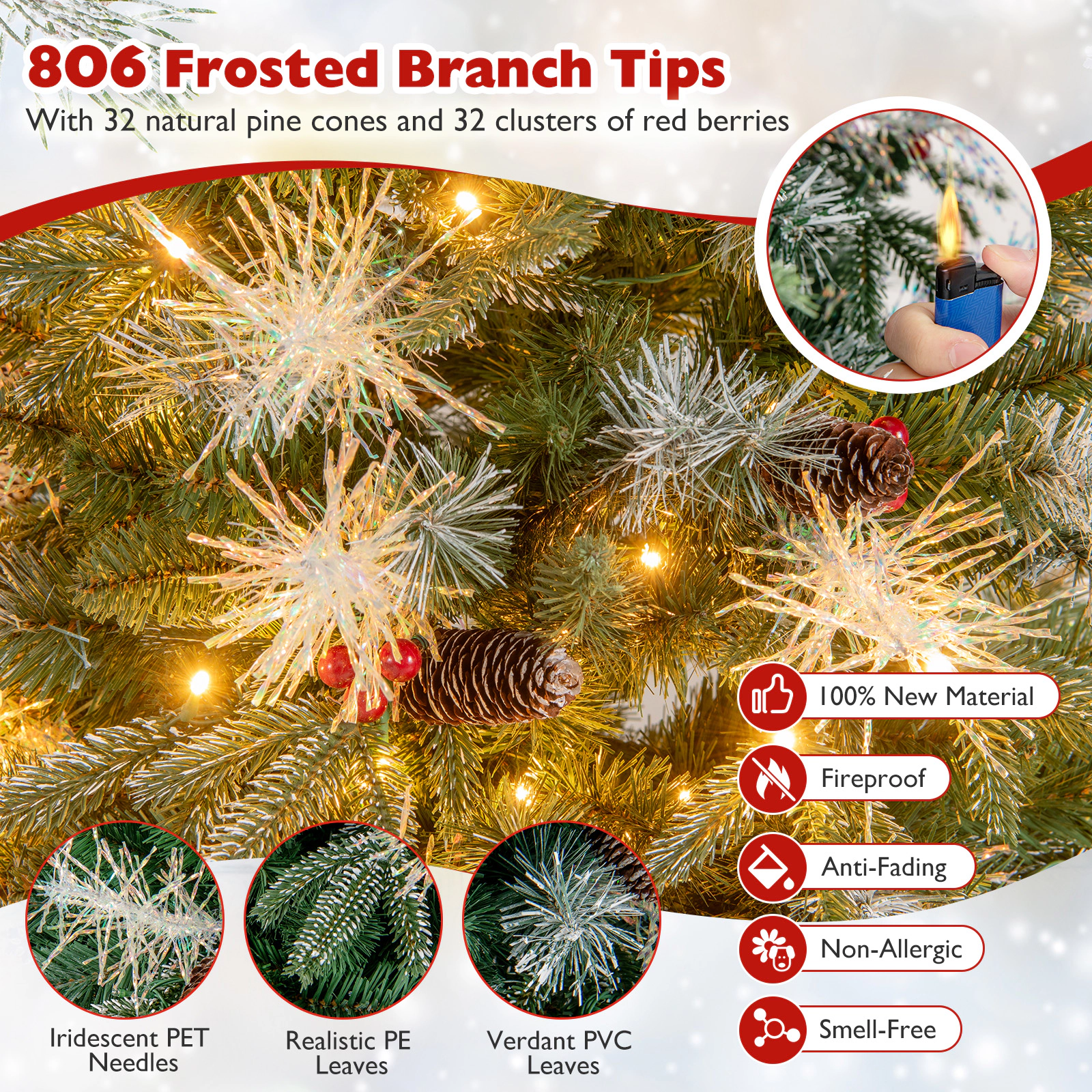 Costway 5/6/7 FT Artificial Christmas Tree with 602/806/1072 Branch Tips, 190/270/350 Warm LED Lights