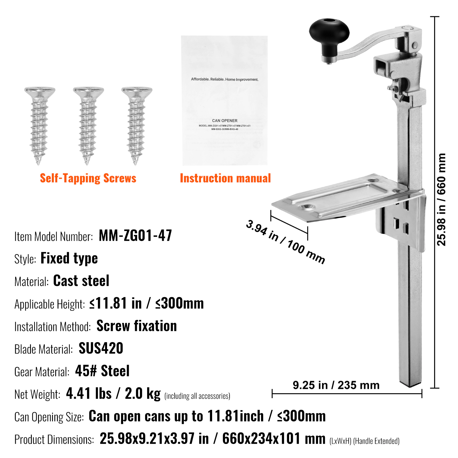 HONGGE Commercial Can Opener Heavy-Duty Manual Tabletop Cans Opener for Cans Height Height-Adjustable Professional Can